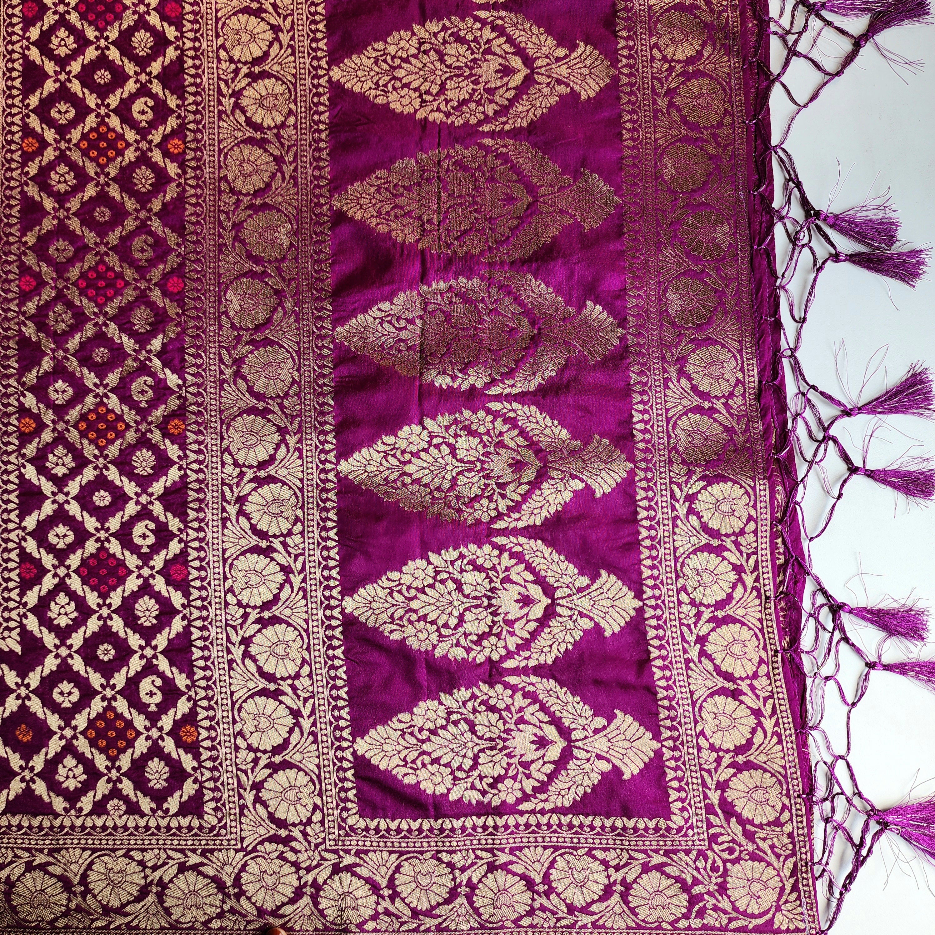 Berry Purple Bandhani Dupatta with Floral and Geometric Zari Weave