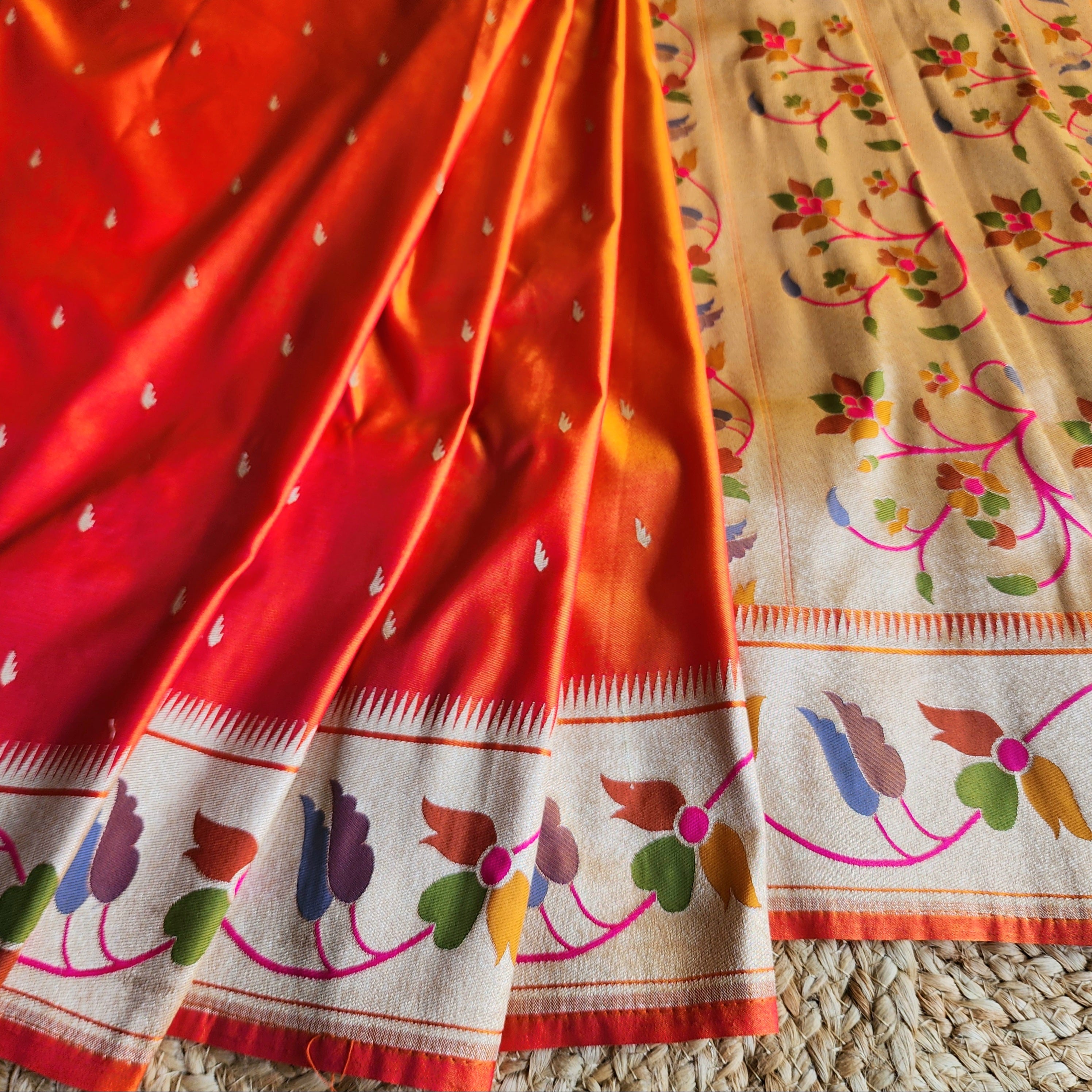 Raahi - Bright Orange Paithani Silk Saree with Stitched Blouse