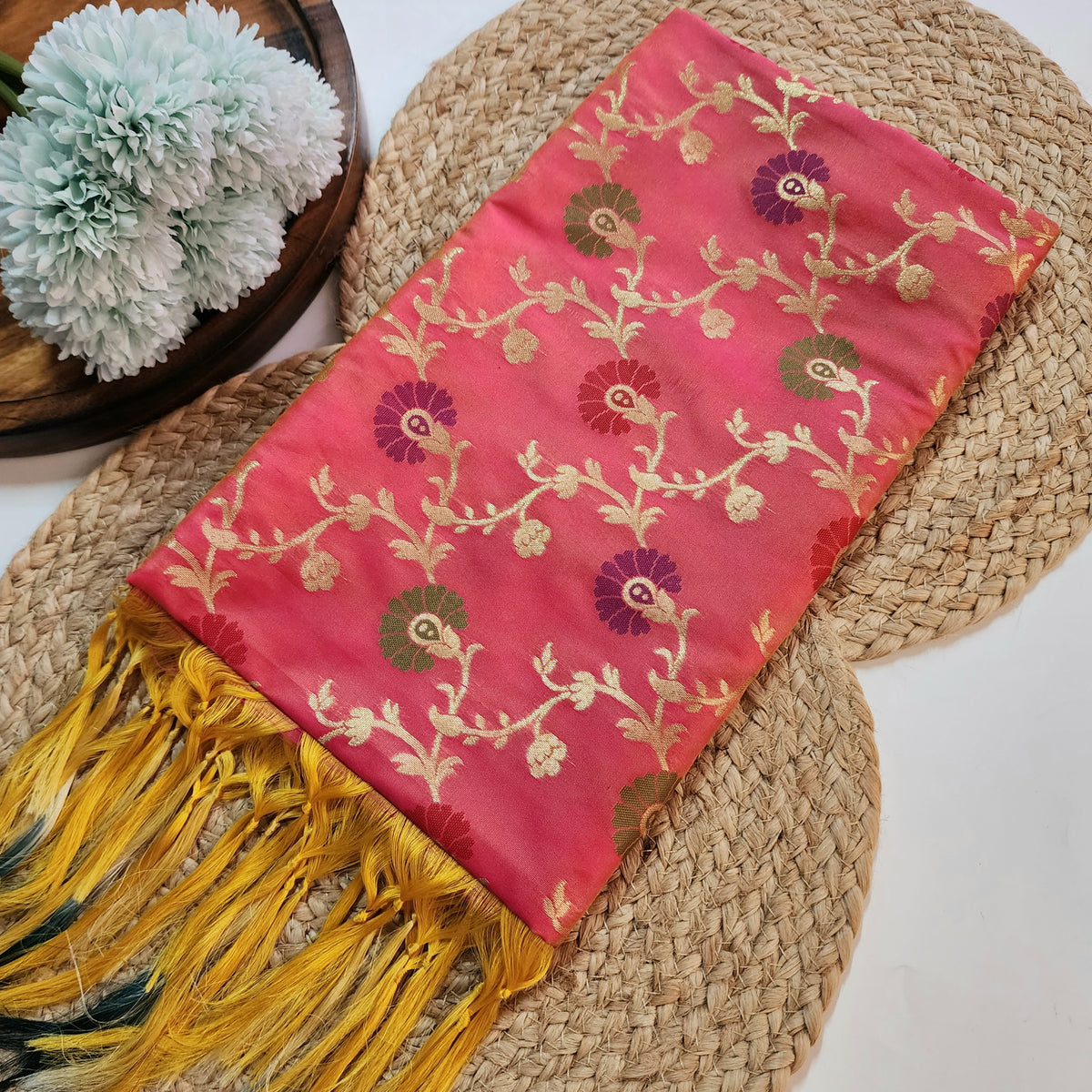 Banarasi Silk Floral Jaal Dupatta - Terracotta Rose