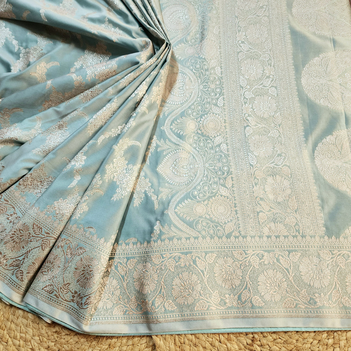 Dusty Blue Banarasi Katan Silk Saree with Floral Vine Jaal