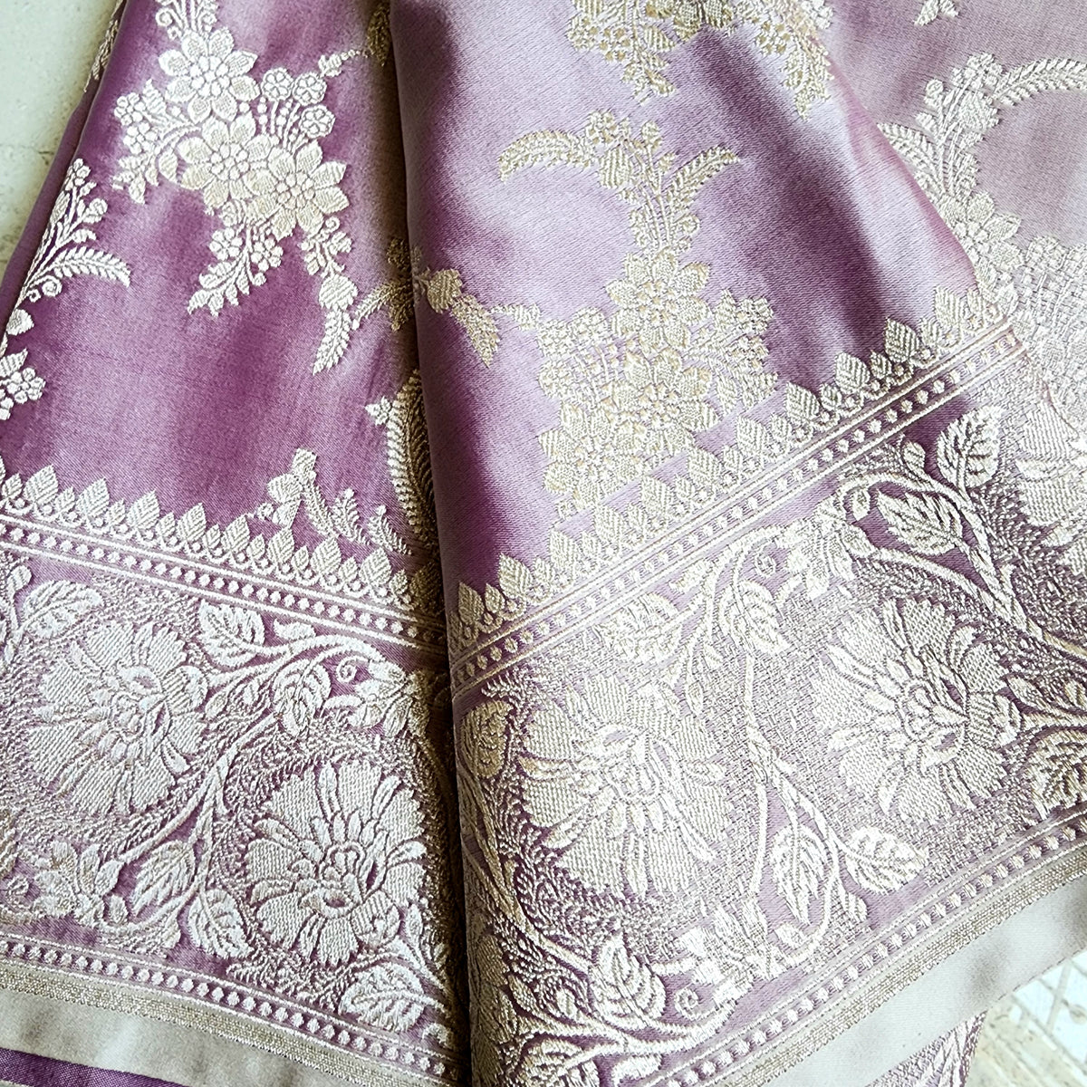 Dusty Lilac Banarasi Katan Silk Saree with Floral Vine Jaal