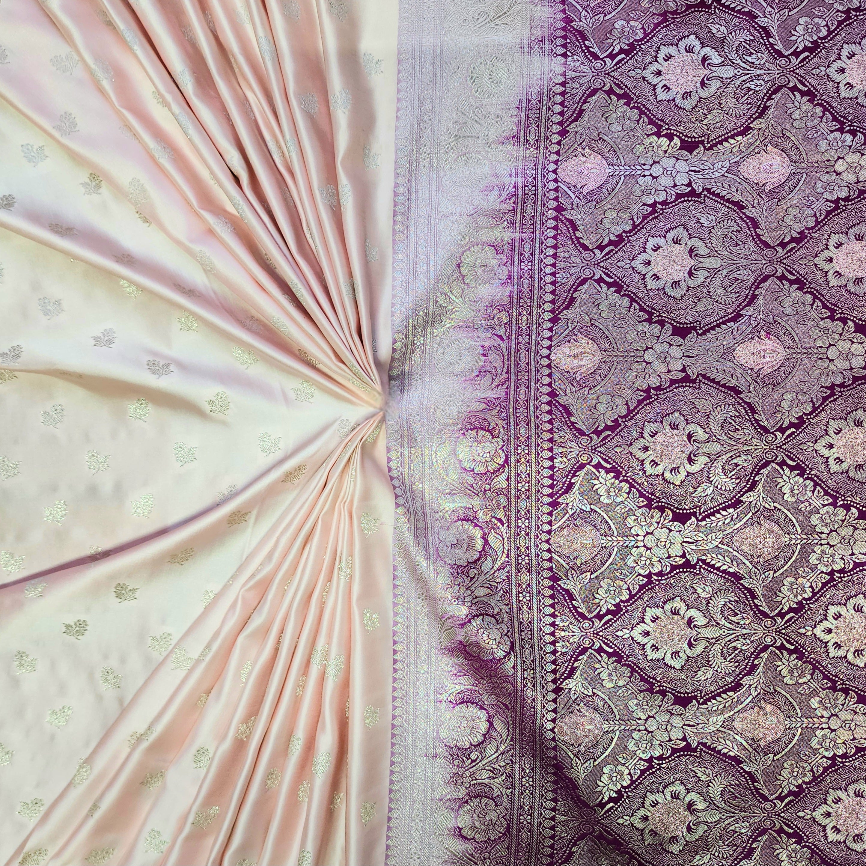 Pastel Pink Pure Banarasi Katan Silk Saree with Magenta Border