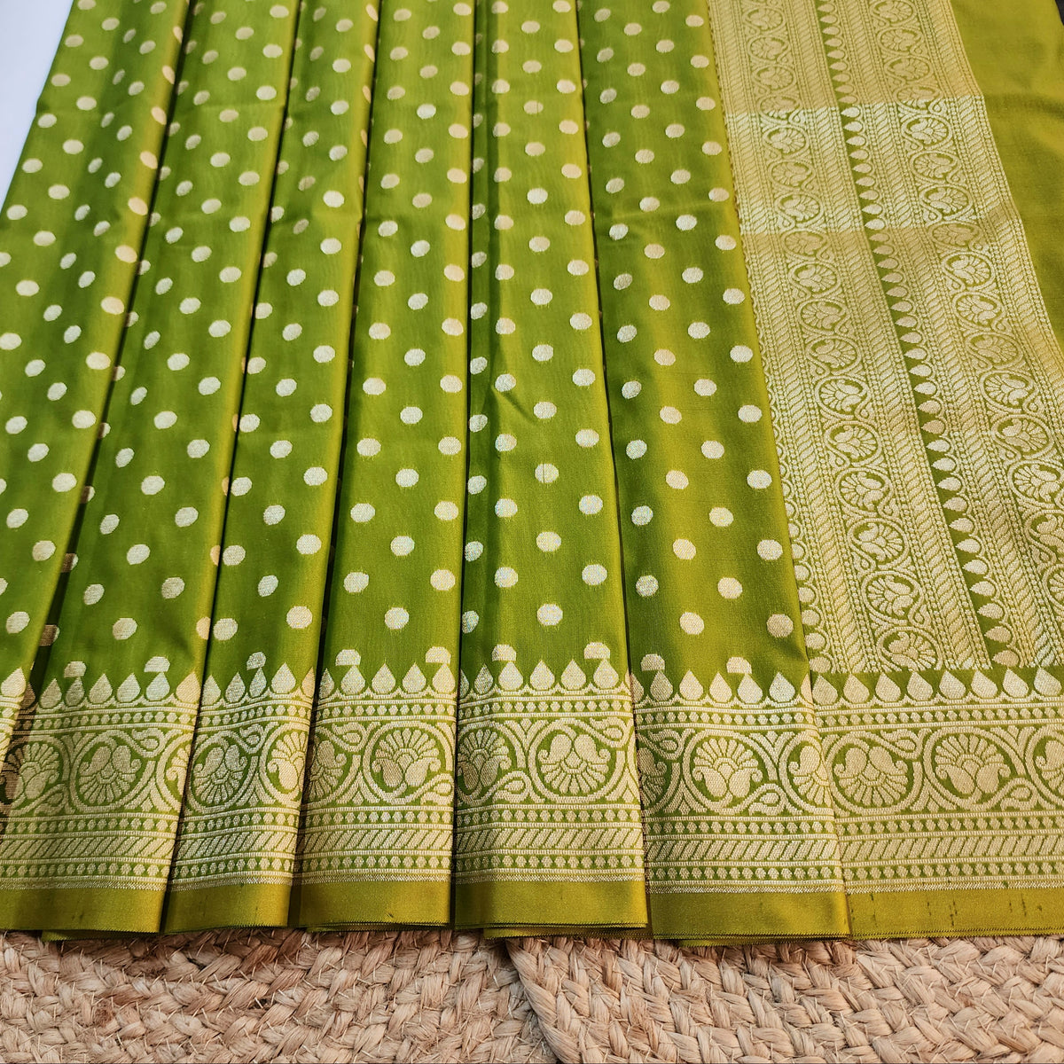 Olive Green Banarasi Silk Dupatta with Gold Polka Dot