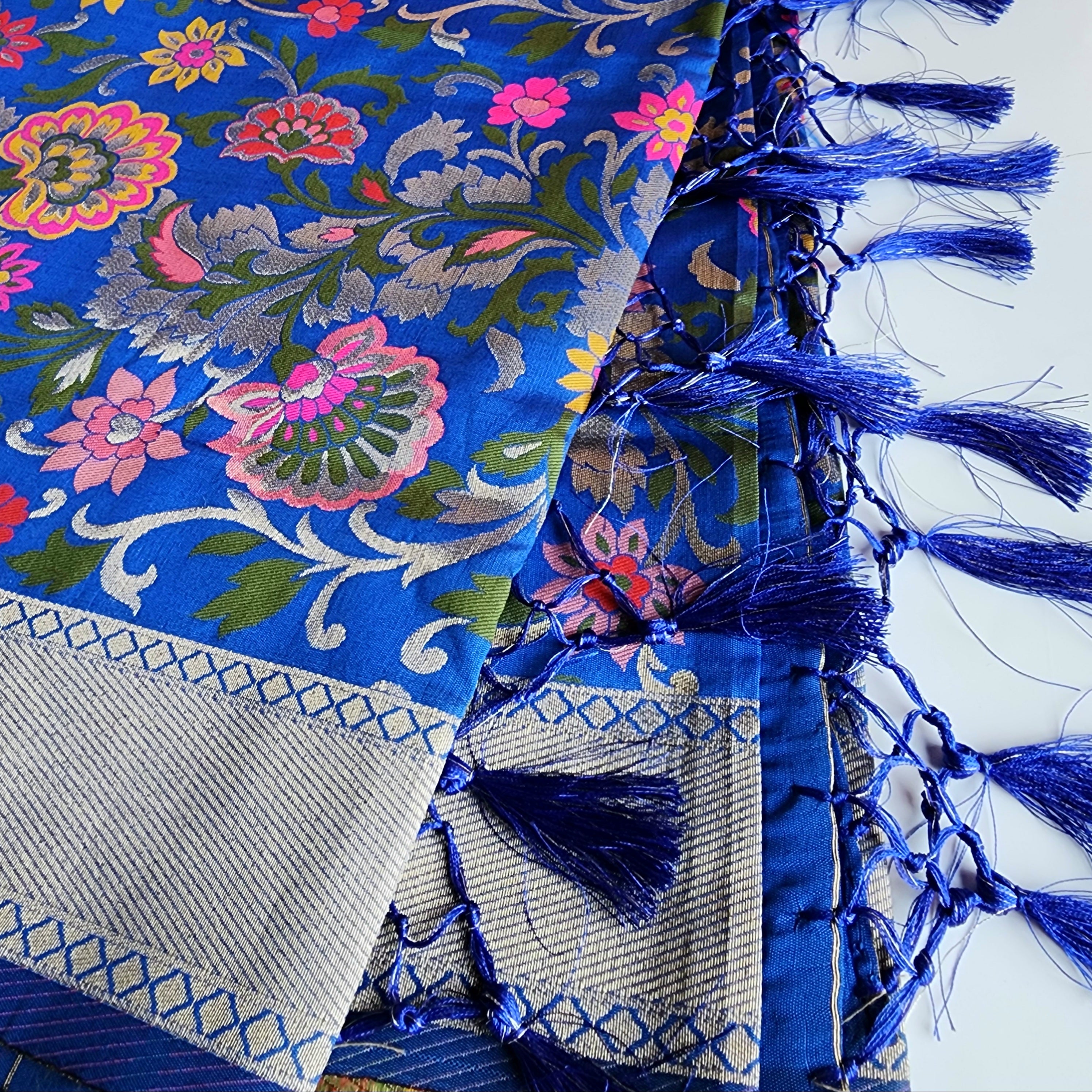 Banarasi Silk Royal Blue Dupatta with Multicolor & Gold Floral Handweaving