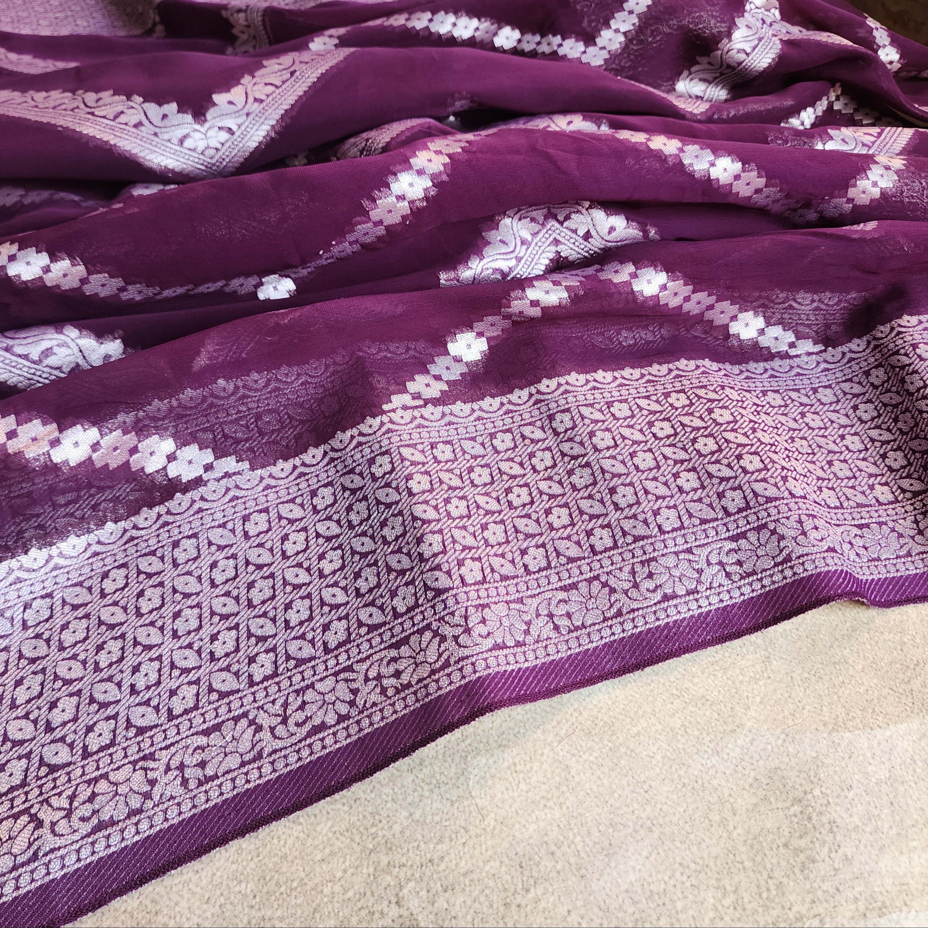 Dark Purple Khaddi Georgette Pure Banarasi Saree with Silver Zari