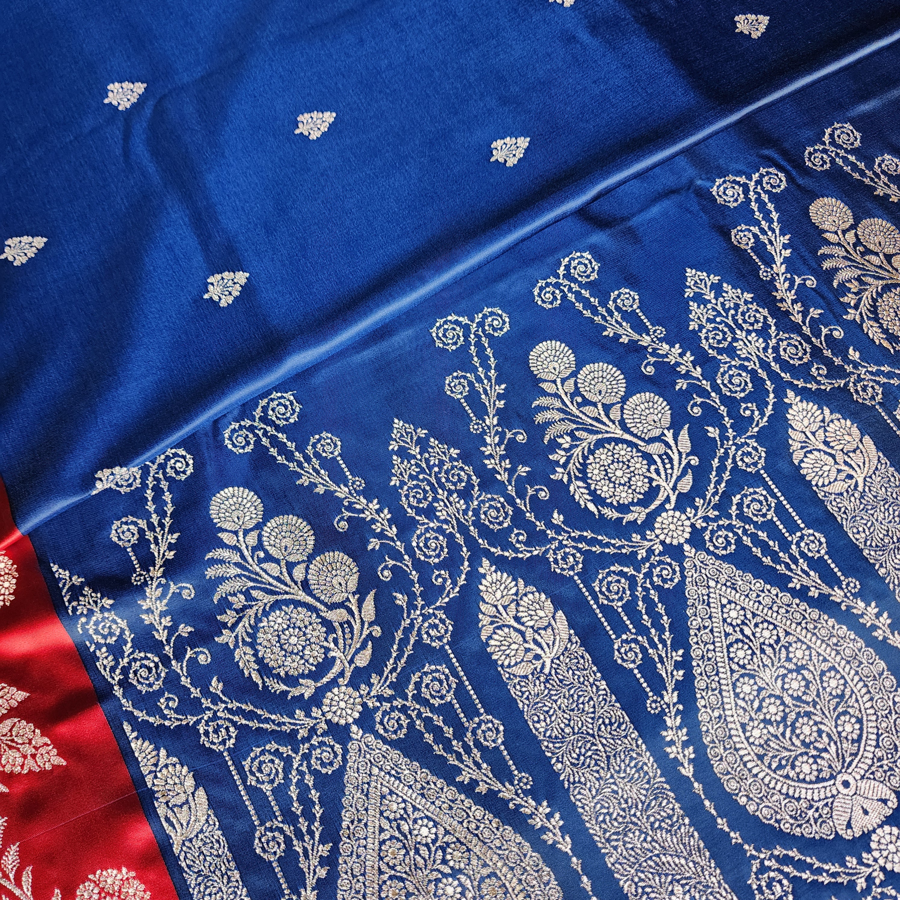 Navy Blue Pure Banarasi Katan Silk Saree with Vermilion Red Border