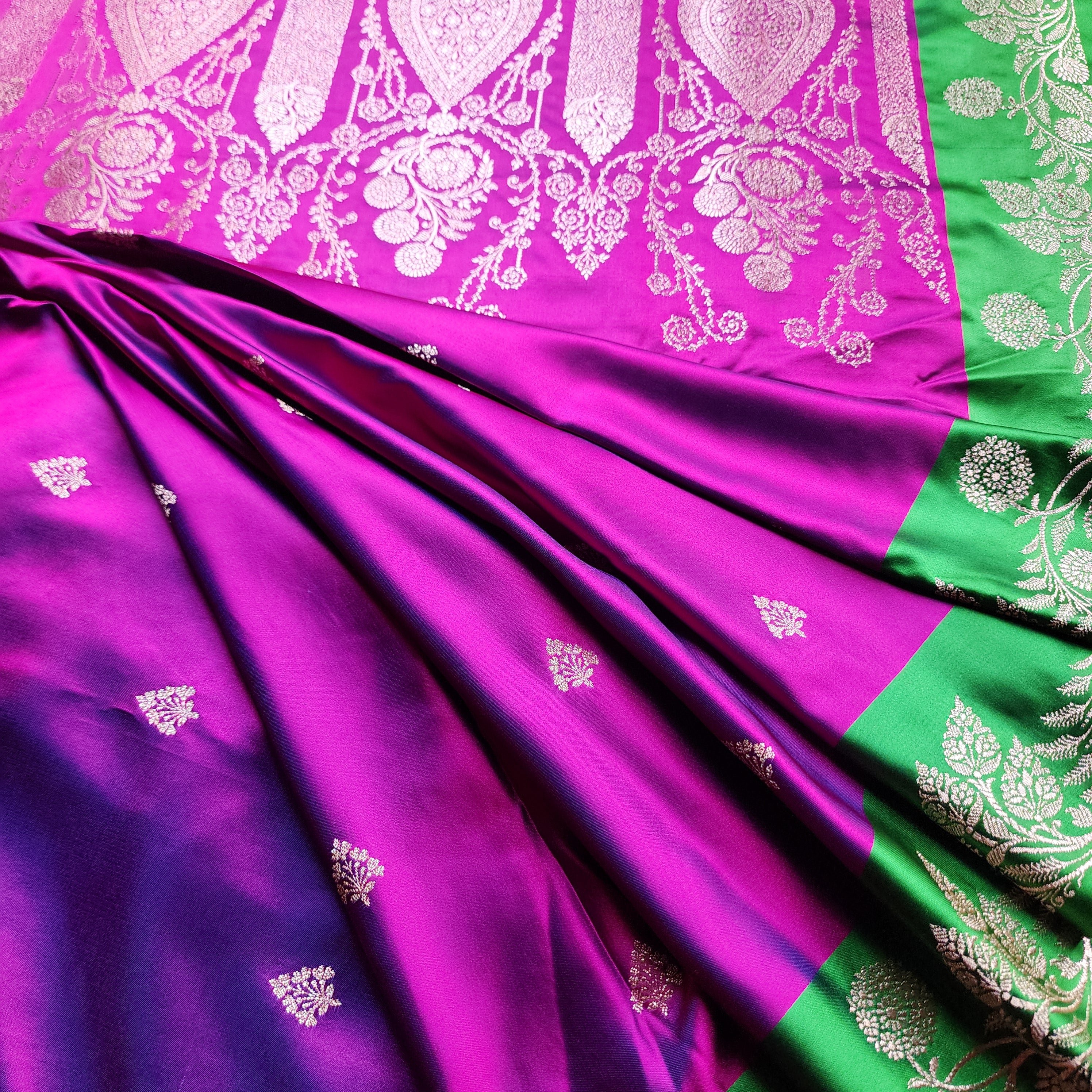 Royal Purple Pure Banarasi Katan Silk Saree with Leaf Green Border