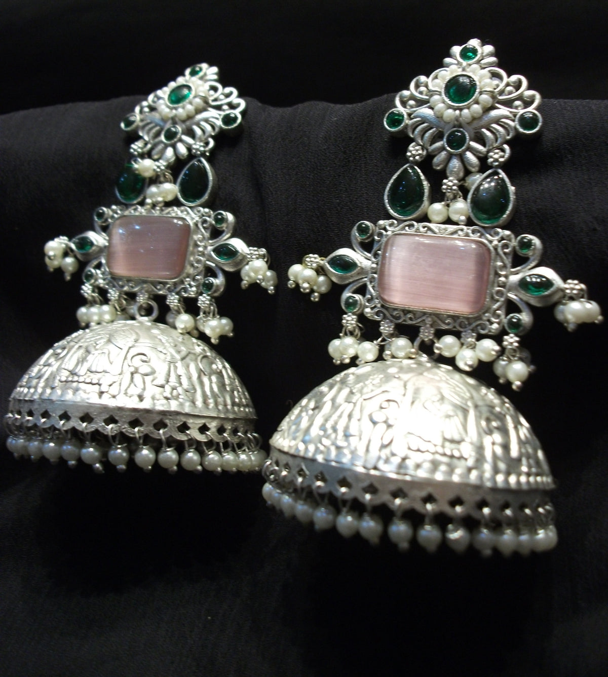 Antique Rectangular Blush Pink Cabochon Jhumka Earrings
