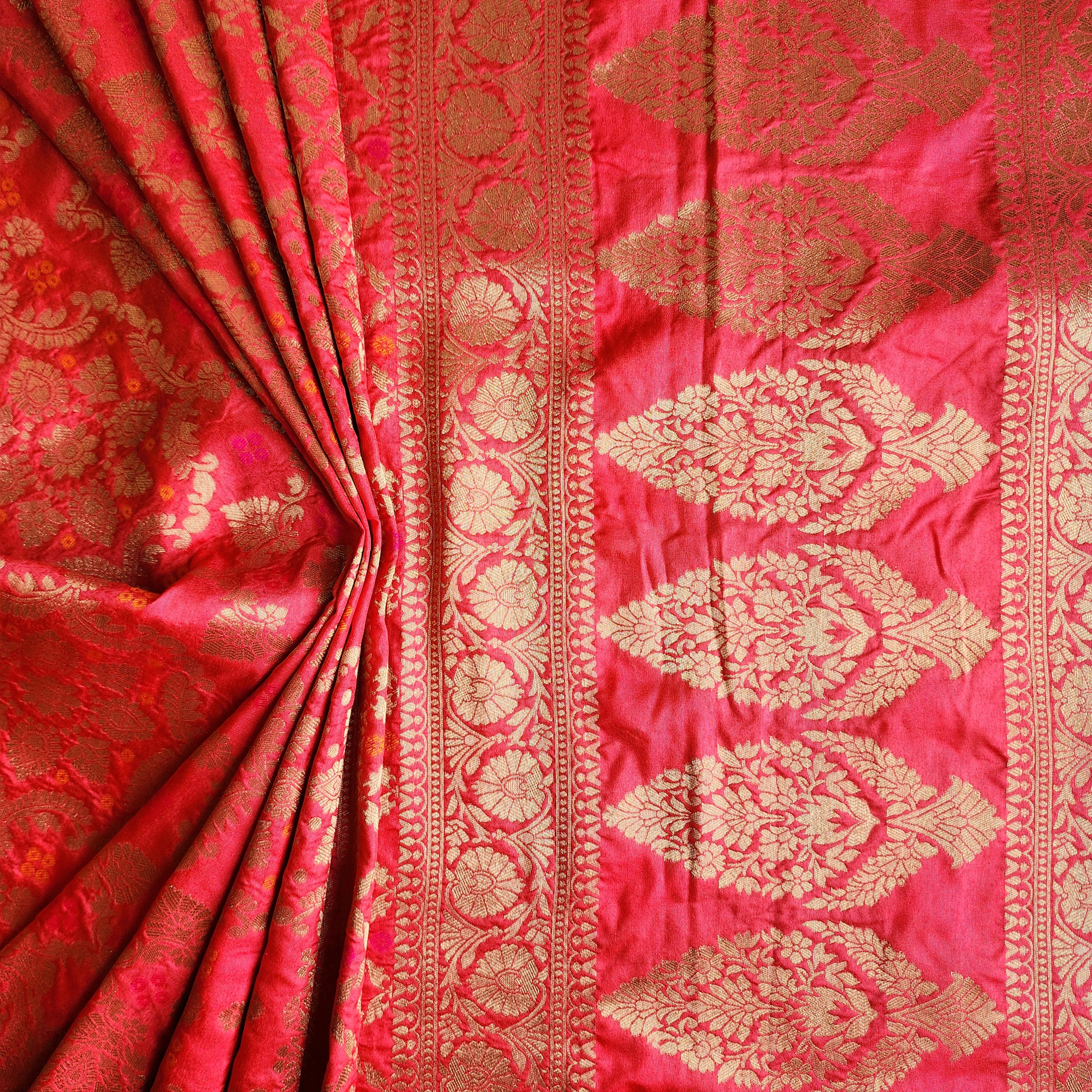 Rose Pink Bandhani Dupatta with Floral and Geometric Zari Weave