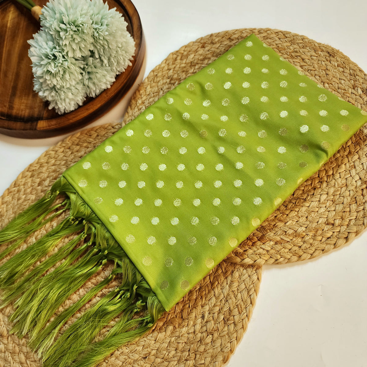 Lime Green Banarasi Silk Dupatta with Gold Polka Dot