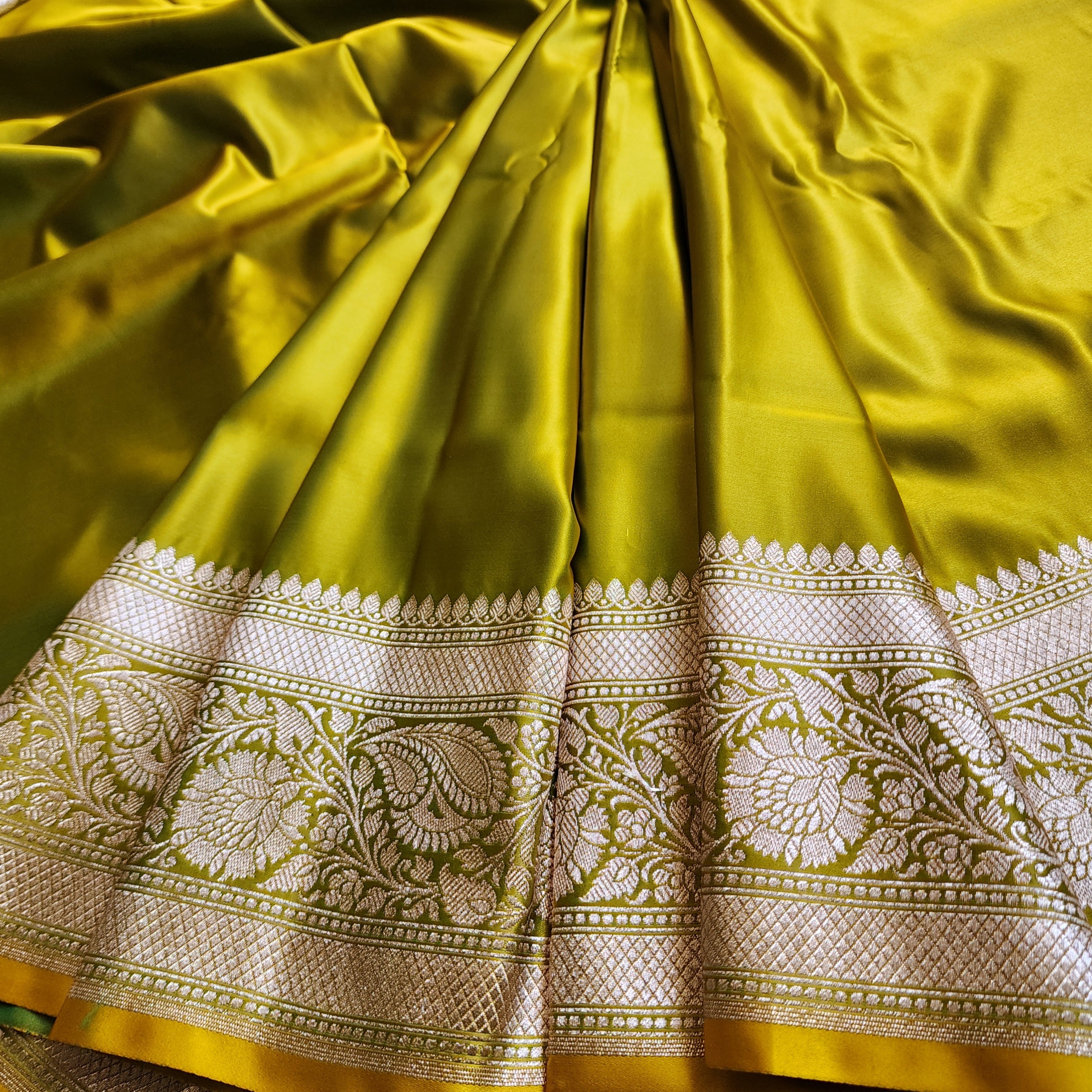 Olive Green Pure Banarasi Katan Silk Saree with light Gold Zari Weaving