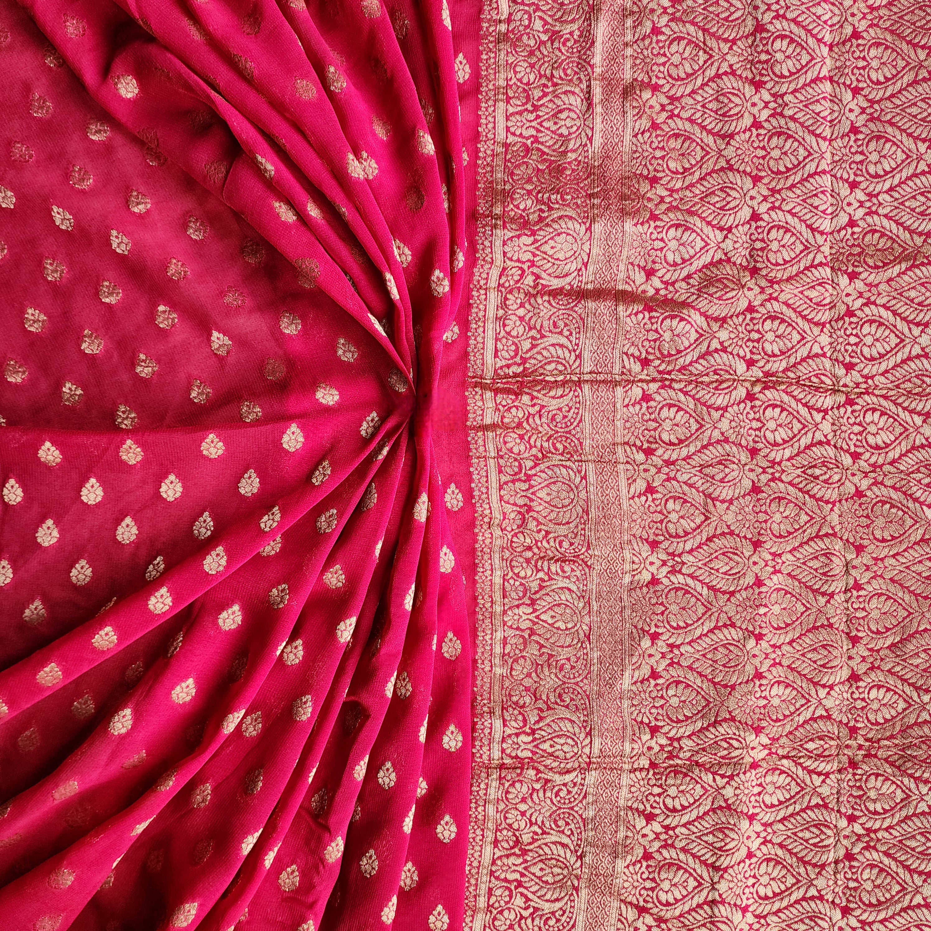 Radish Pink Khaddi Georgette Pure Banarasi Saree with Golden Zari