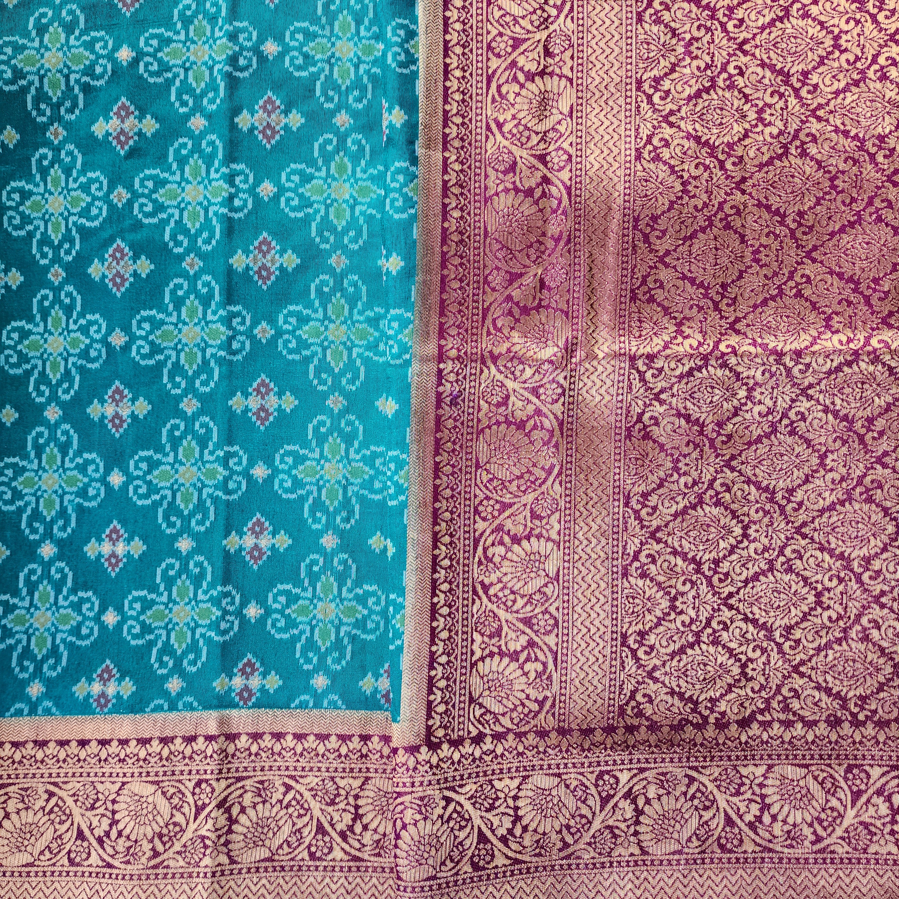 Turquoise Dupion Patola with Maroon-Gold Border & Heavy Gold Zari