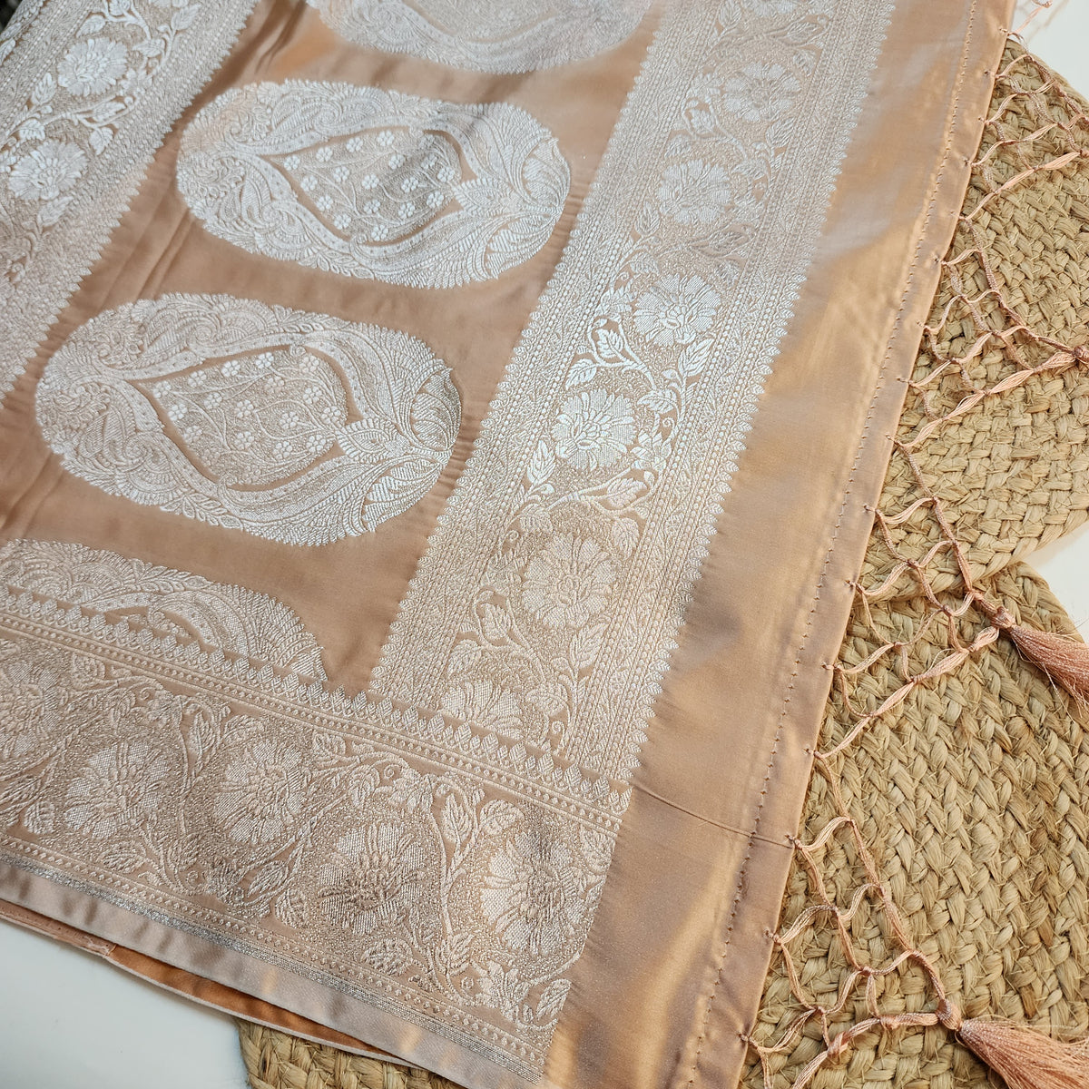 Peach Beige Banarasi Katan Silk Saree with Floral Vine Jaal