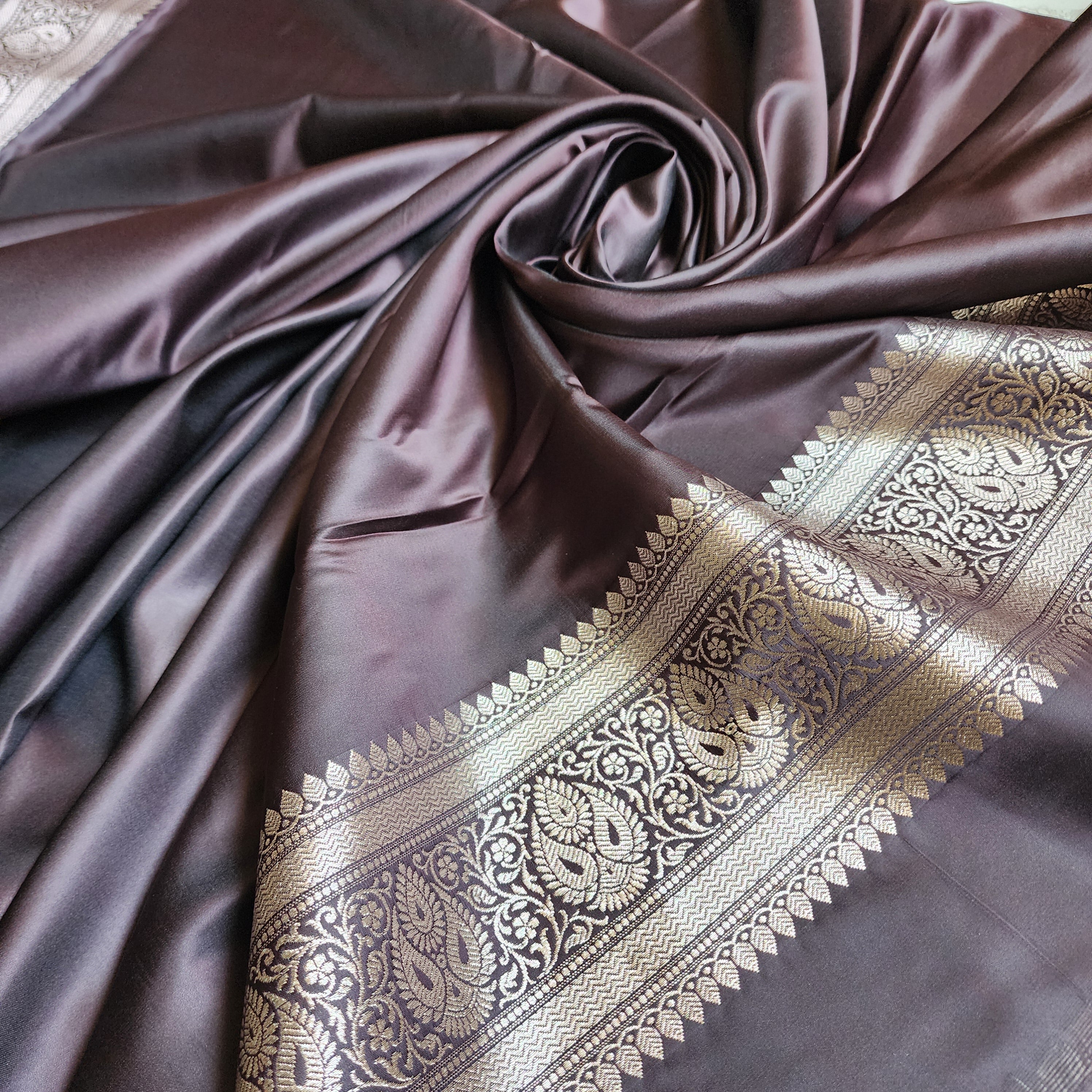 Mulberry Wine Pure Banarasi Katan Silk Saree with light Gold Zari Weaving