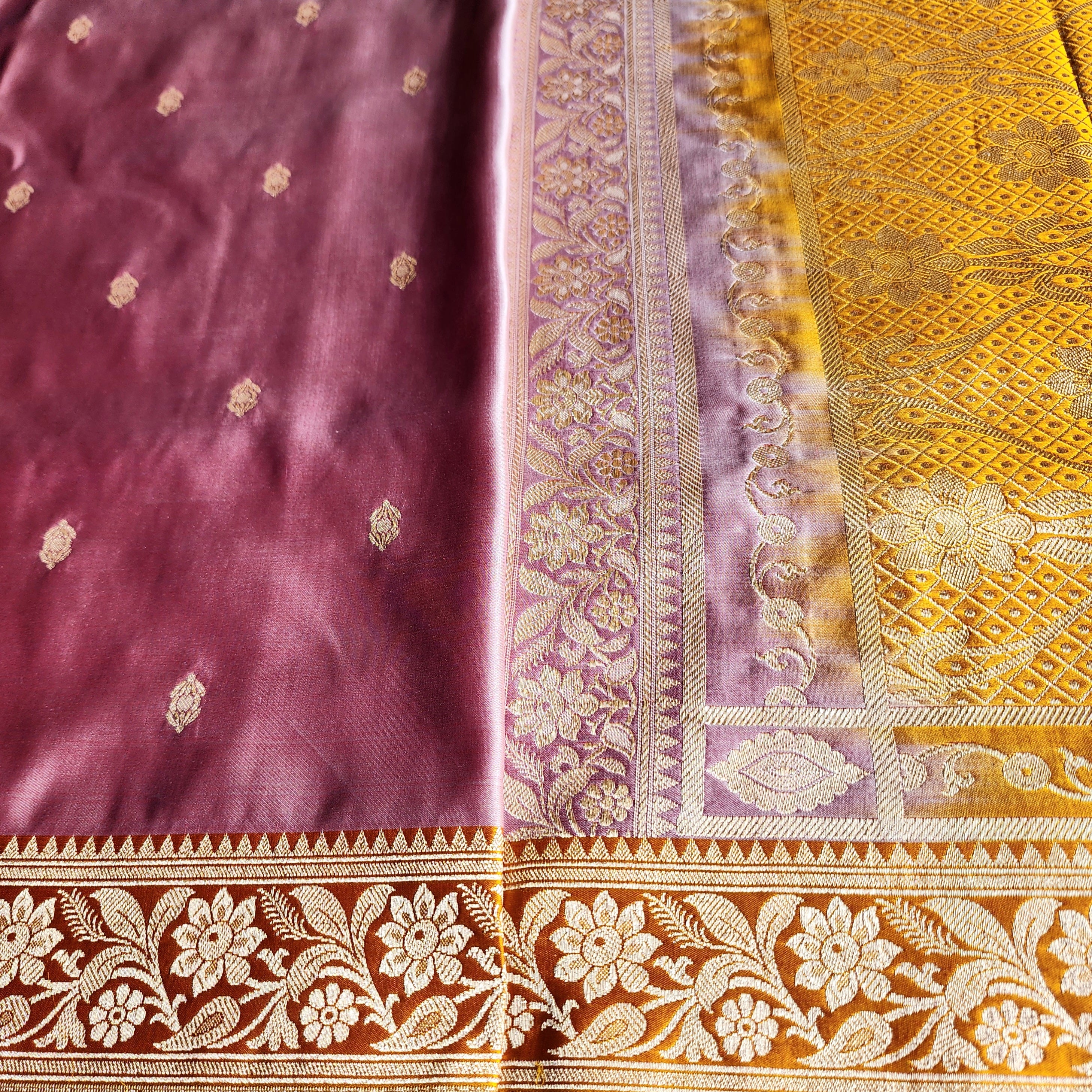 Dusty Rose Pink Katan Silk Saree with Mustard and Gold Zari Border