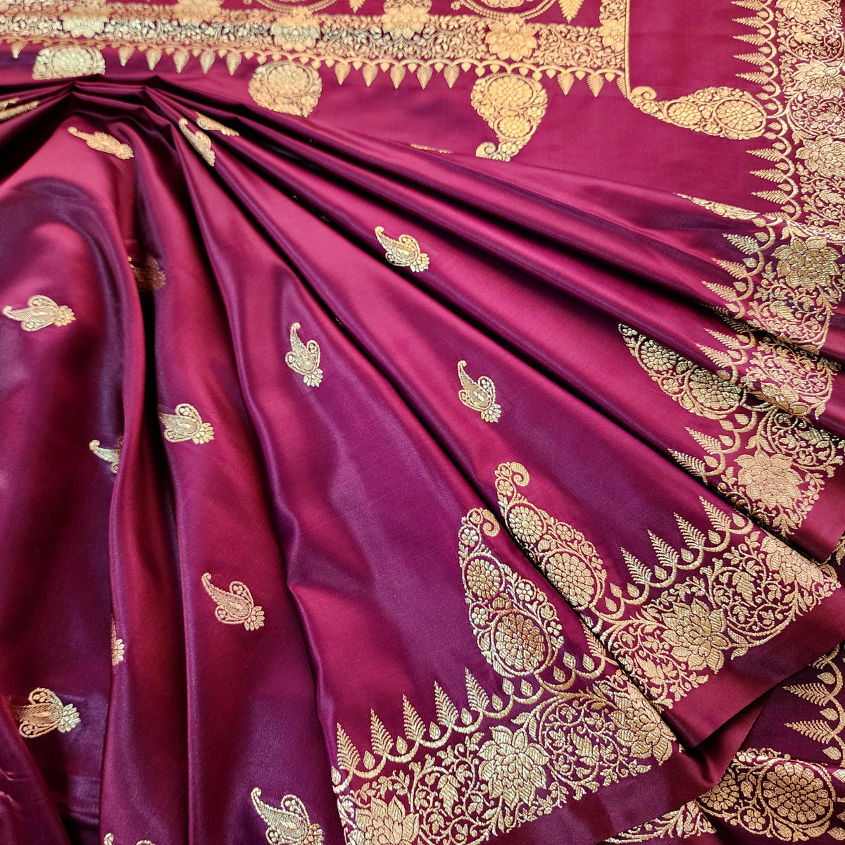 Wine Paisley Katan Silk Saree with Gold Zari