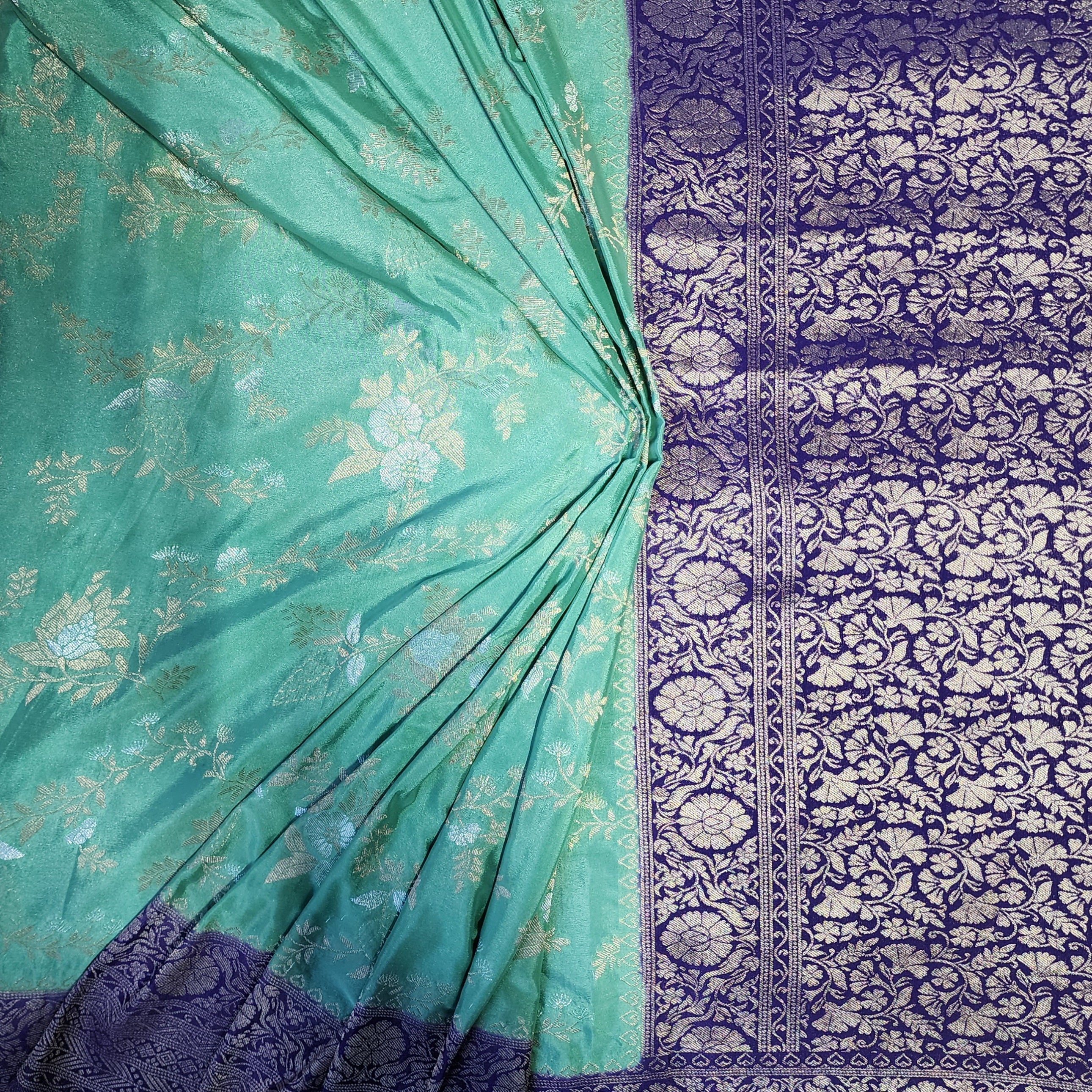 Mint Green Crepe Chiffon Saree with Violet Border