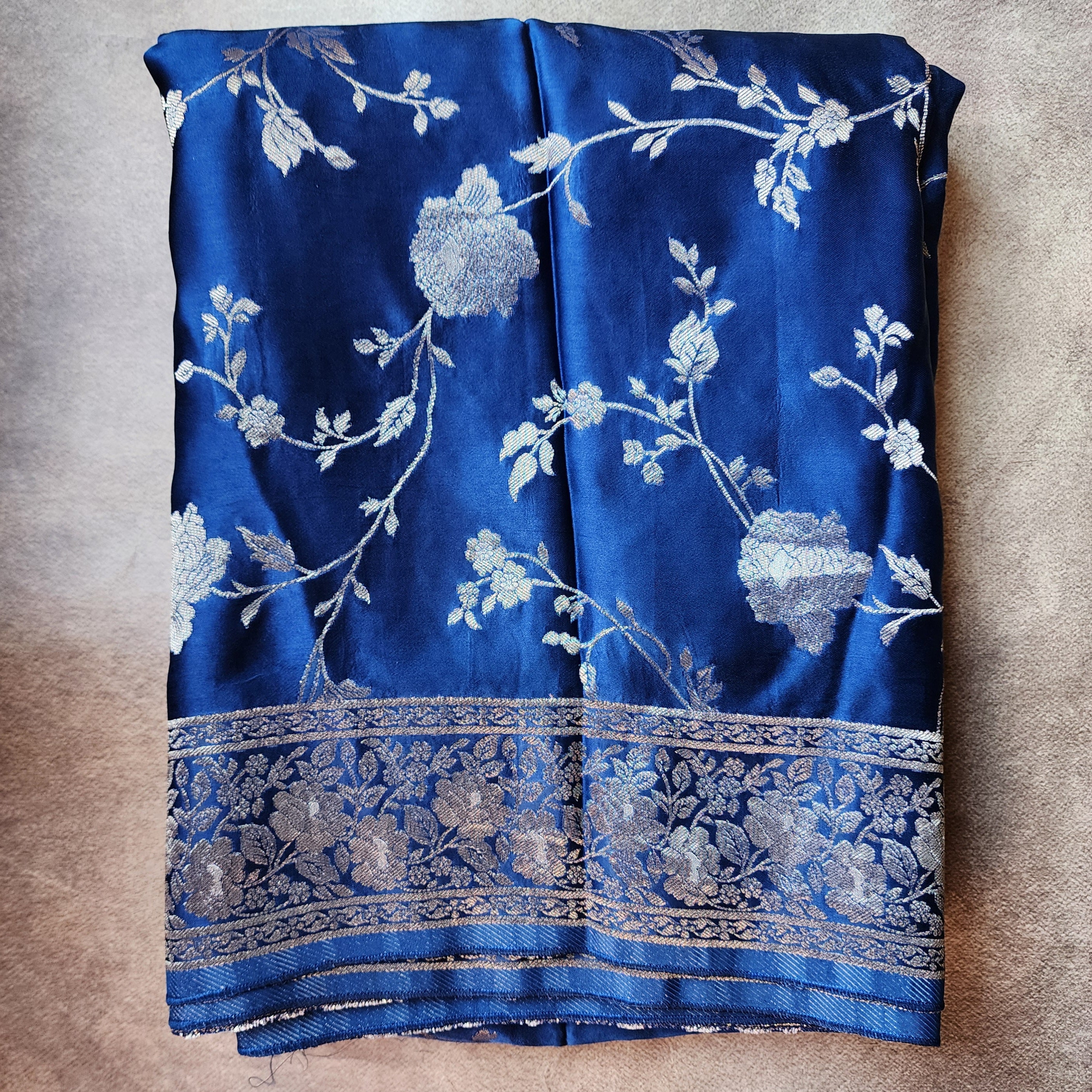 Royal Blue Muslin Silk Saree with Silver Zari Work
