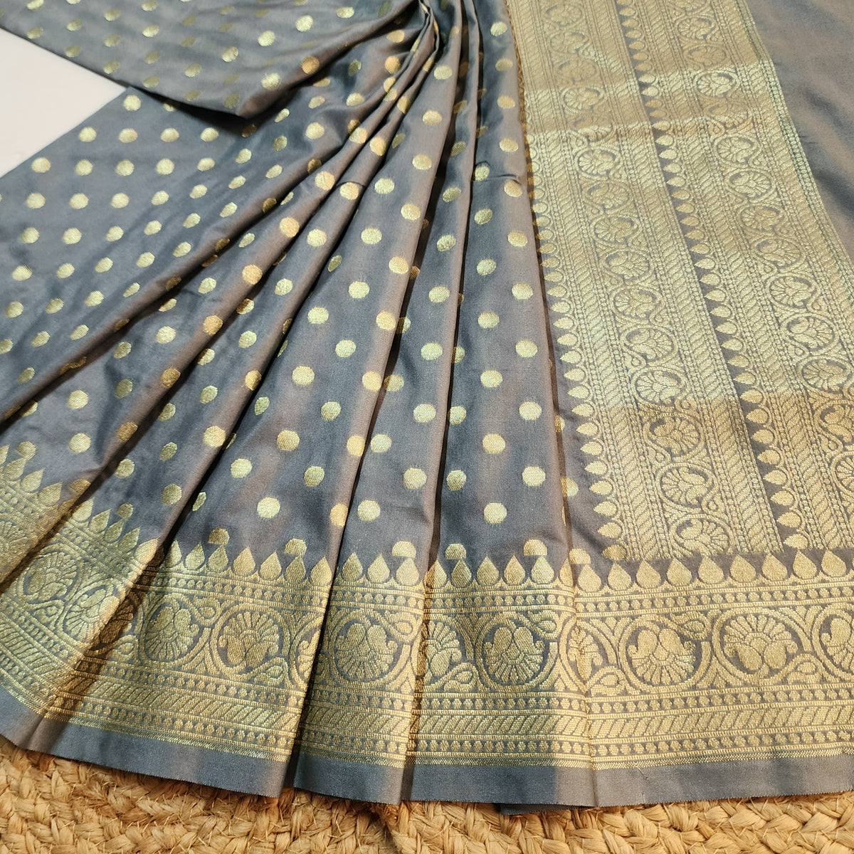 Slate Blue Banarasi Silk Dupatta with Gold Polka Dot