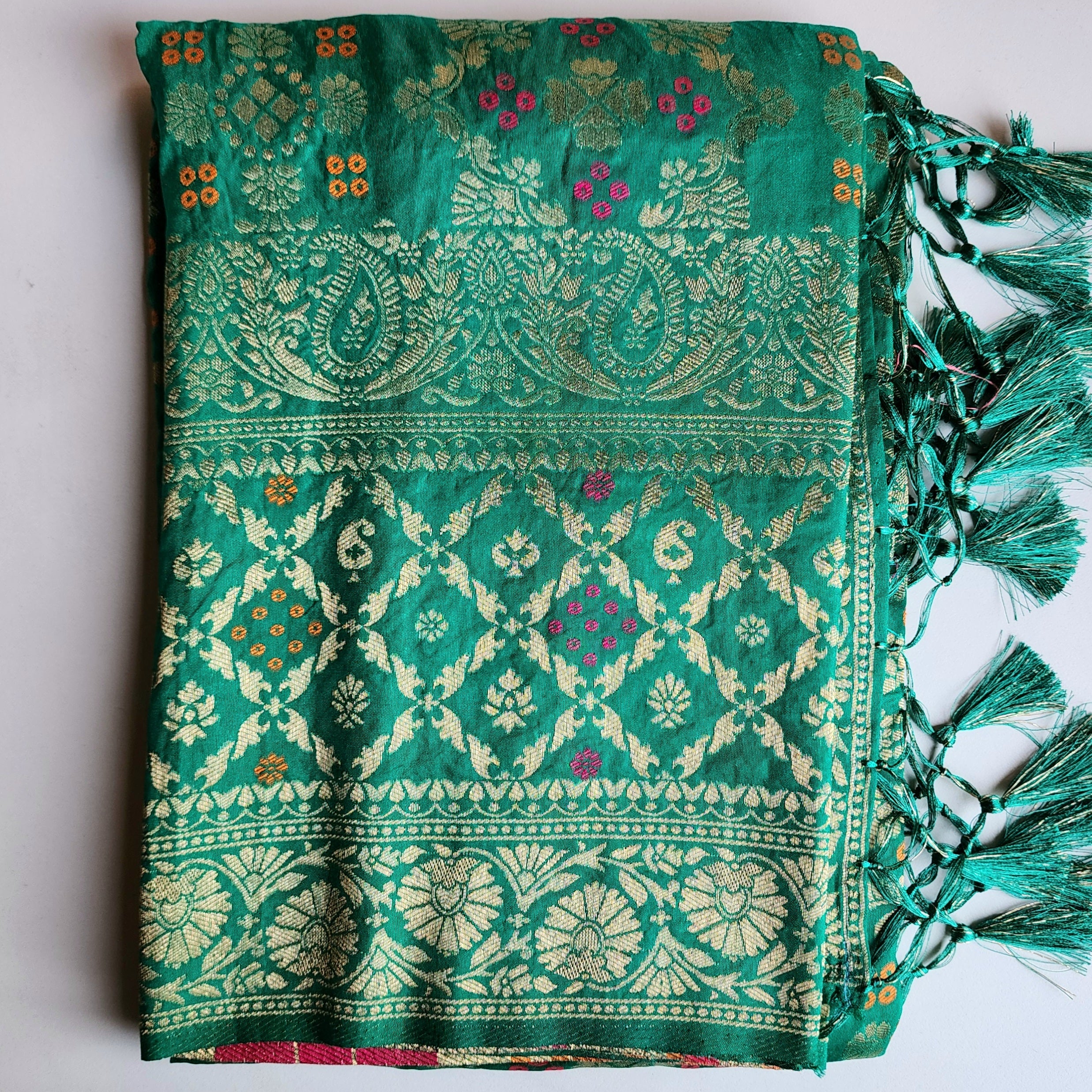 Sea Green Bandhani Dupatta with Floral and Geometric Zari Weave