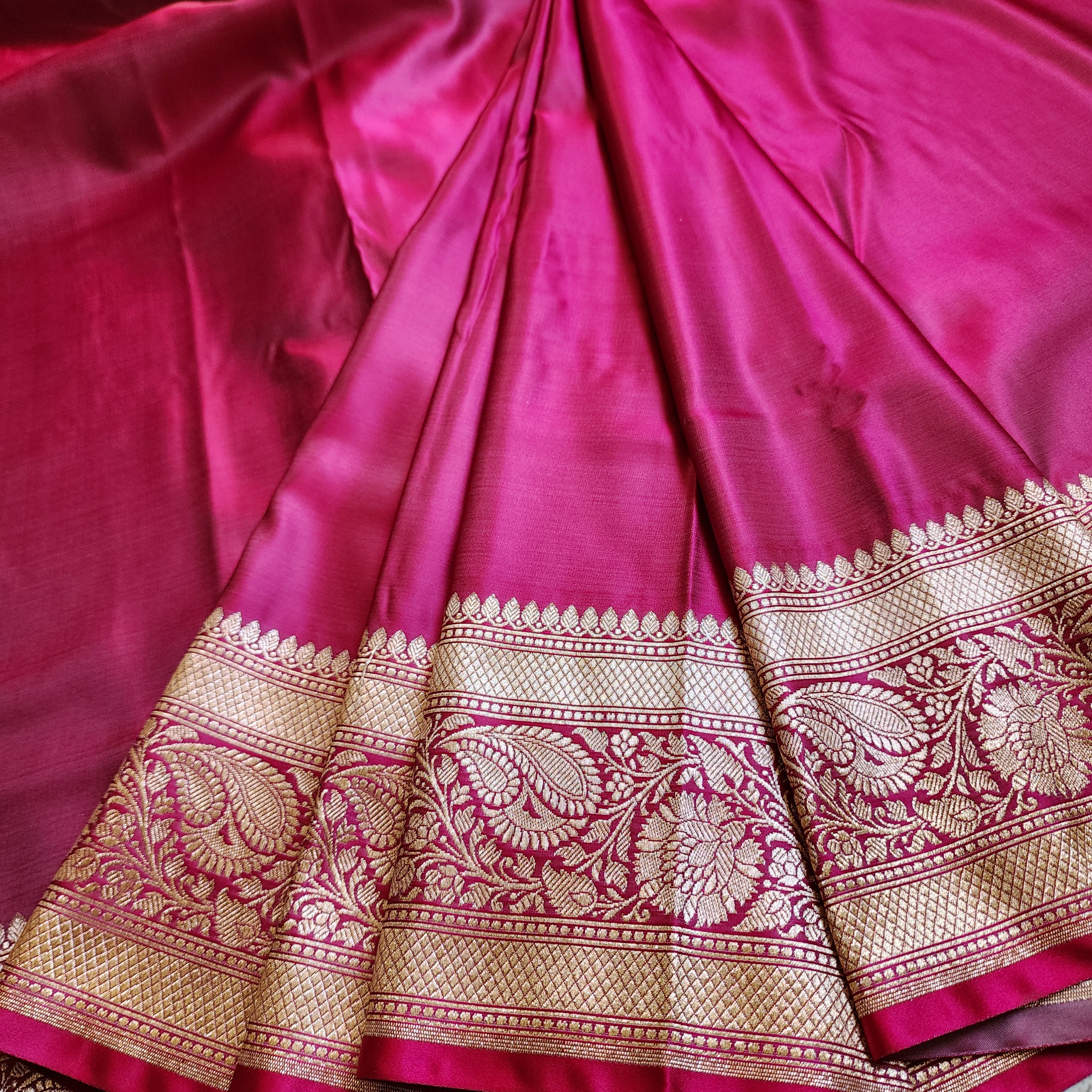 Hot Pink Pure Banarasi Katan Silk Saree with light Gold Zari Weaving