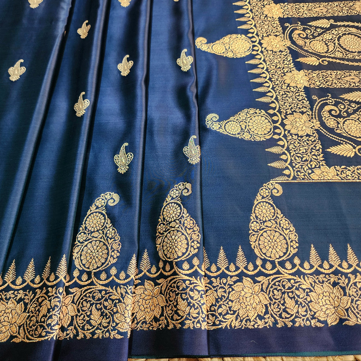 Midnight Blue Paisley Katan Silk Saree with Gold Zari