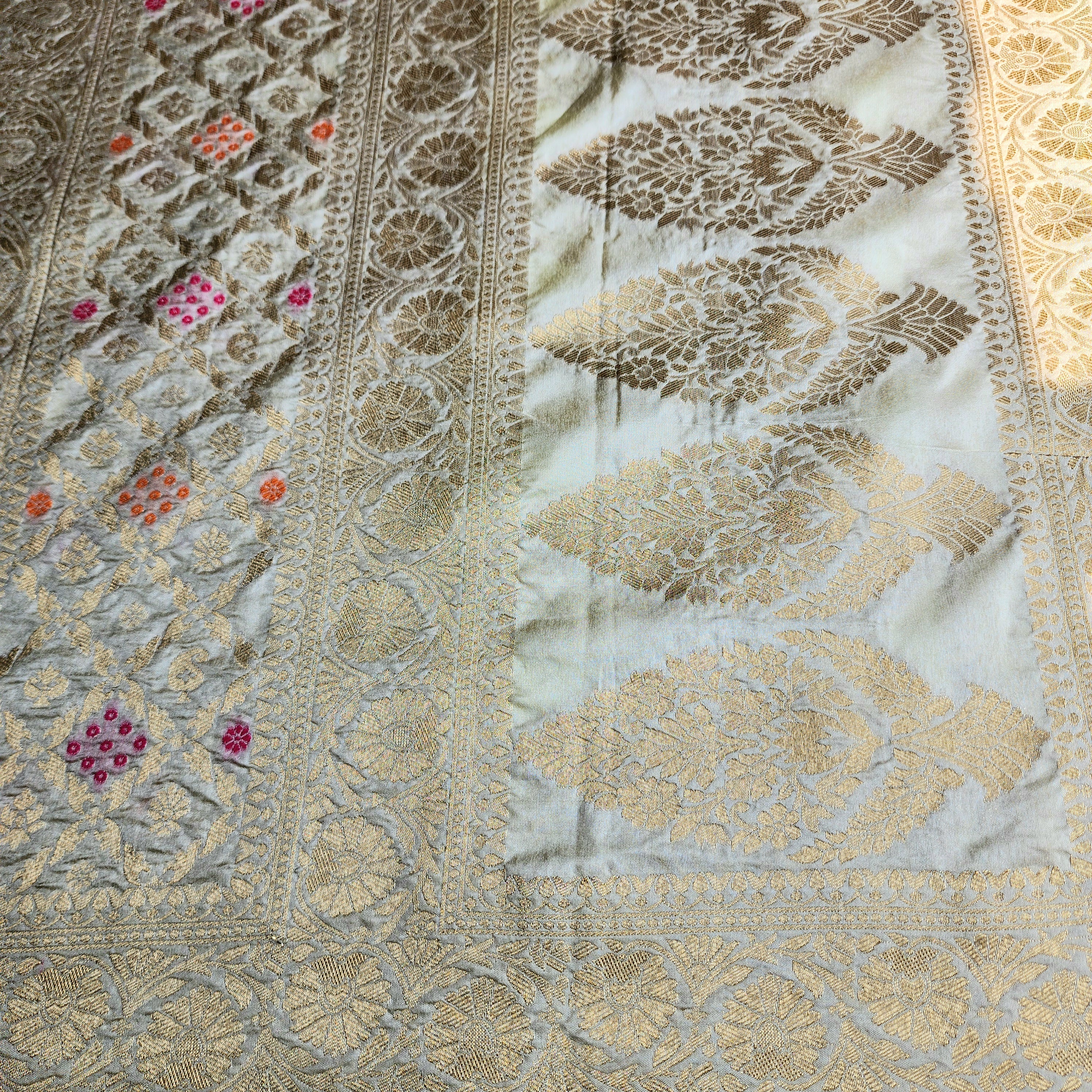 Ivory Cream Bandhani Dupatta with Floral and Geometric Zari Weave