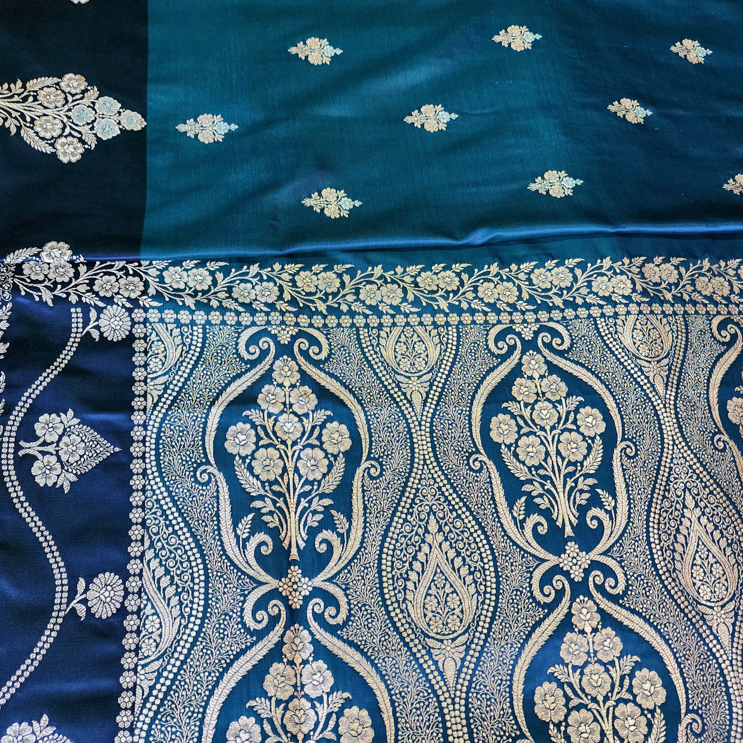 Dual-Tone Peacock Blue Pure Banarasi Katan Silk Saree