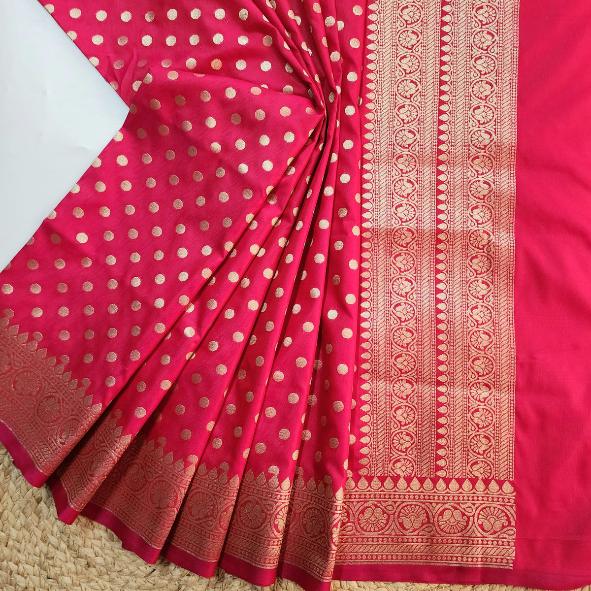 Fuchsia Banarasi Silk Dupatta with Gold Polka Dot