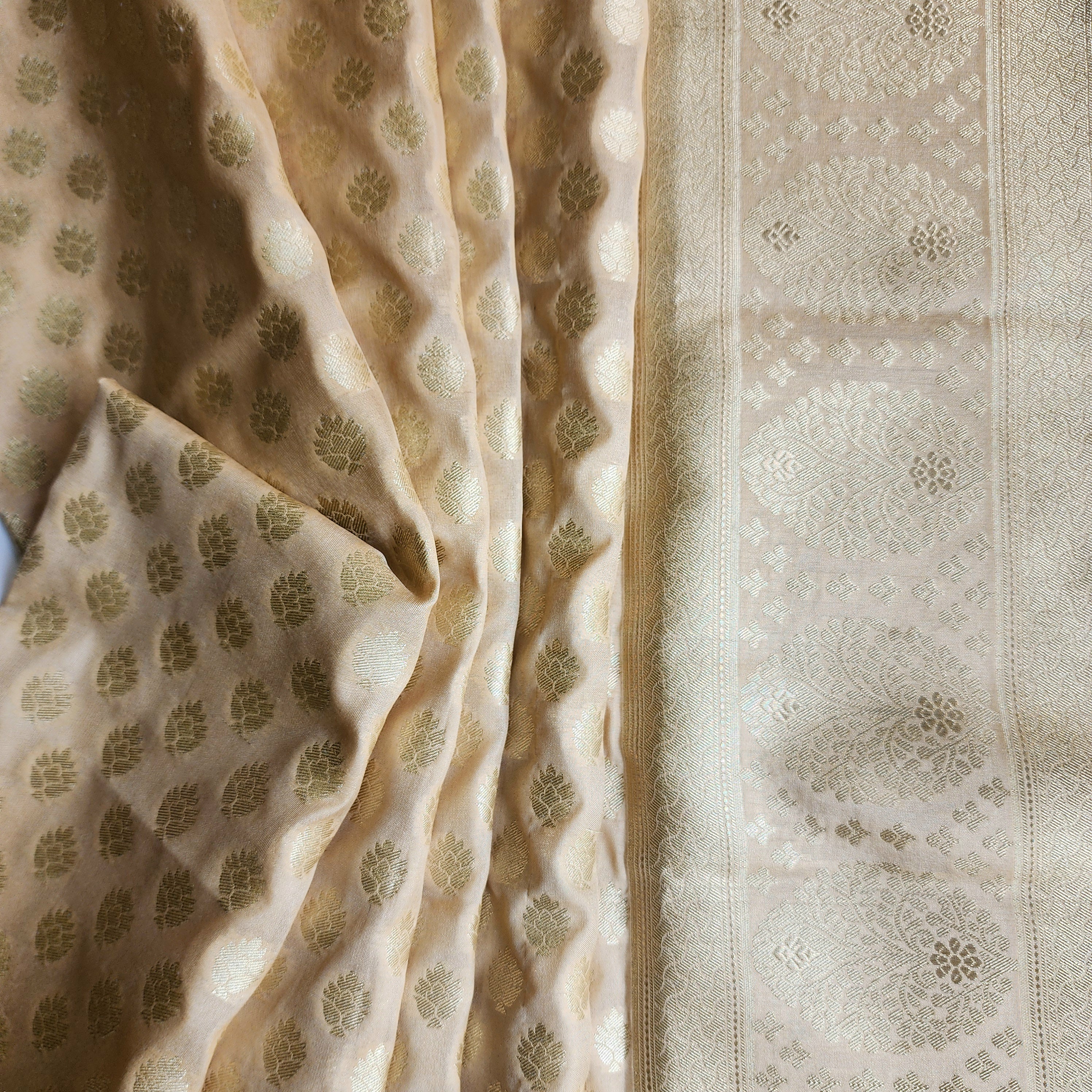 Champagne Beige Banarasi Tapetta Silk Dupatta with Gold Floral Zari Weave