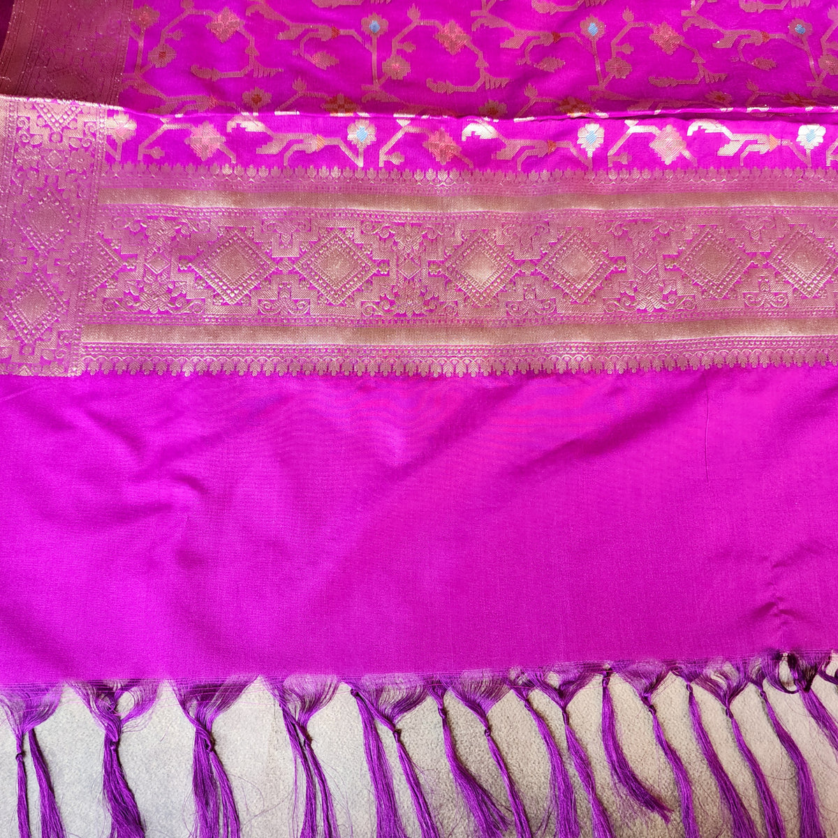 Golden Grid Banarasi Silk Dupatta with Meenakari Work in Wine