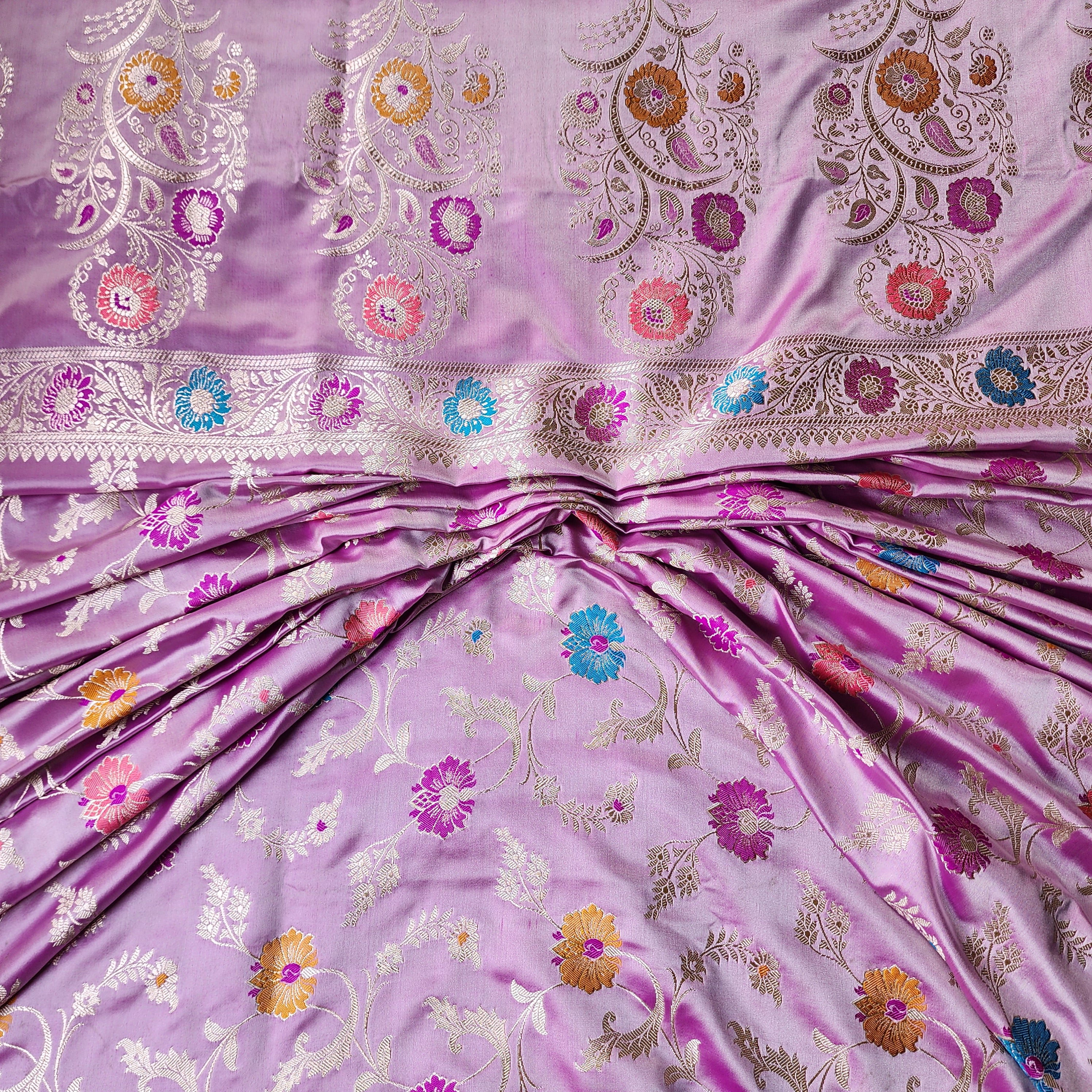 Enriched Banarasi Katan Silk Saree | Soft Lavender Pink Multicolor Meenakari Floral Jaal