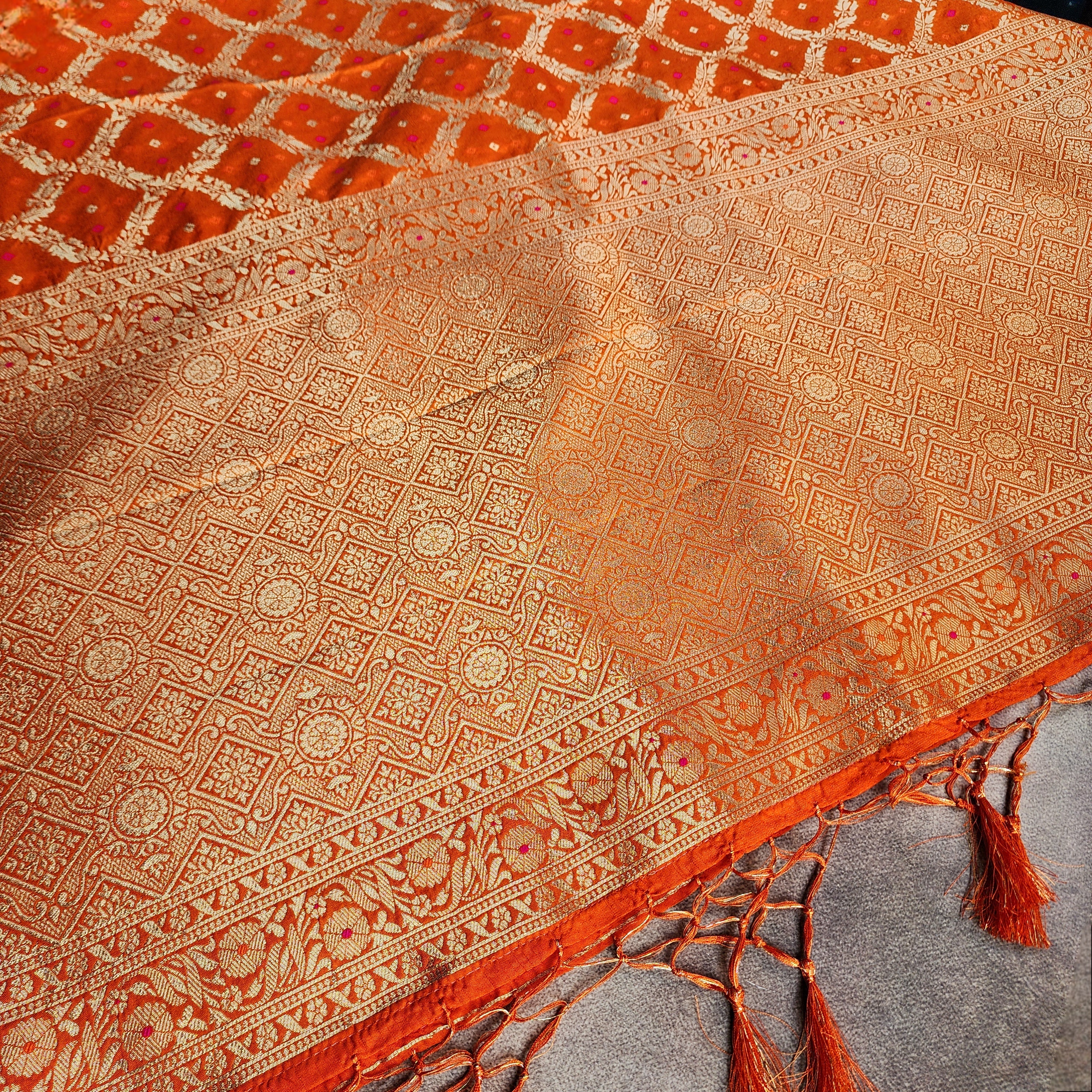 Rust Orange Bandhani Dupatta with Traditional Jaal