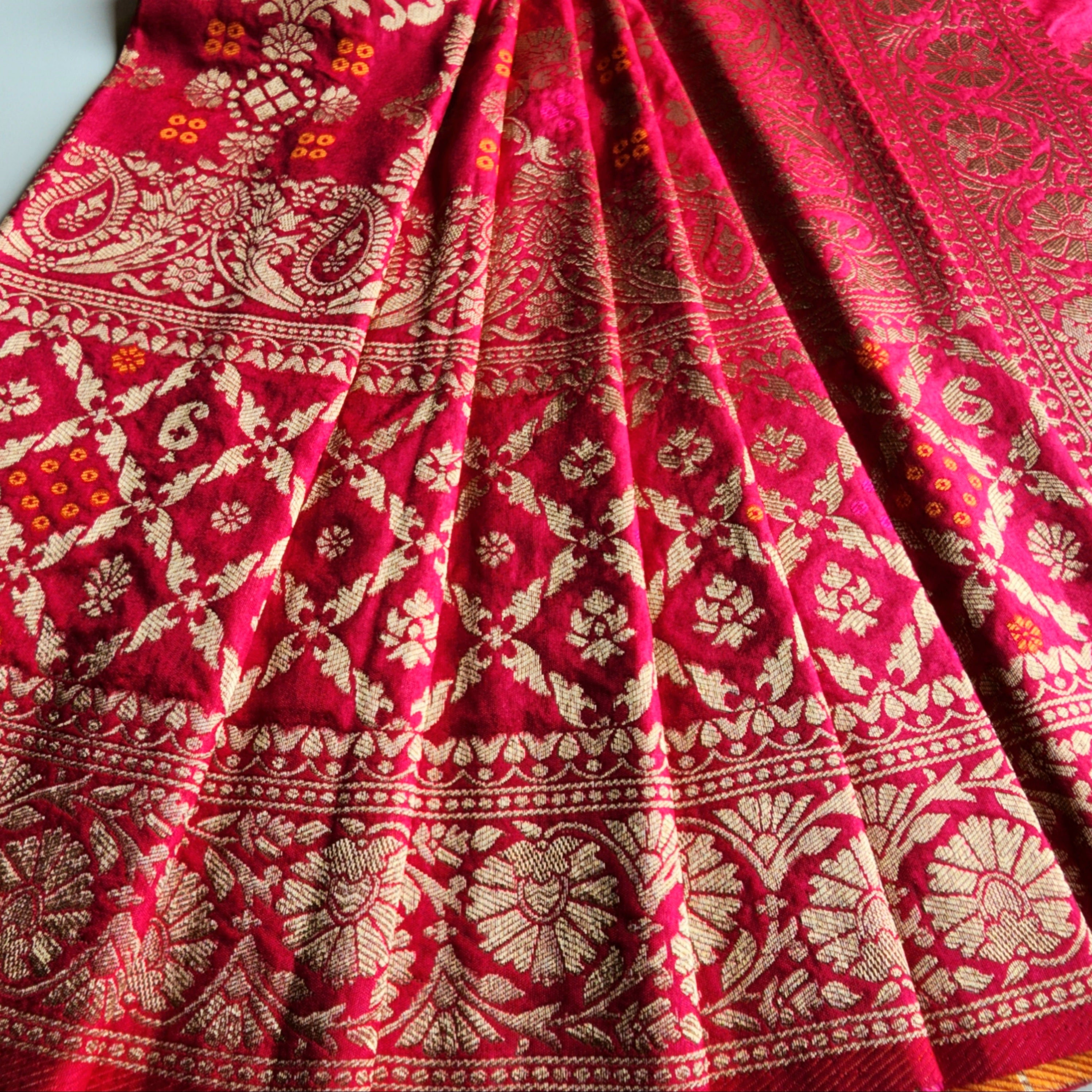 Wine Magenta Bandhani Dupatta with Floral and Geometric Zari Weave