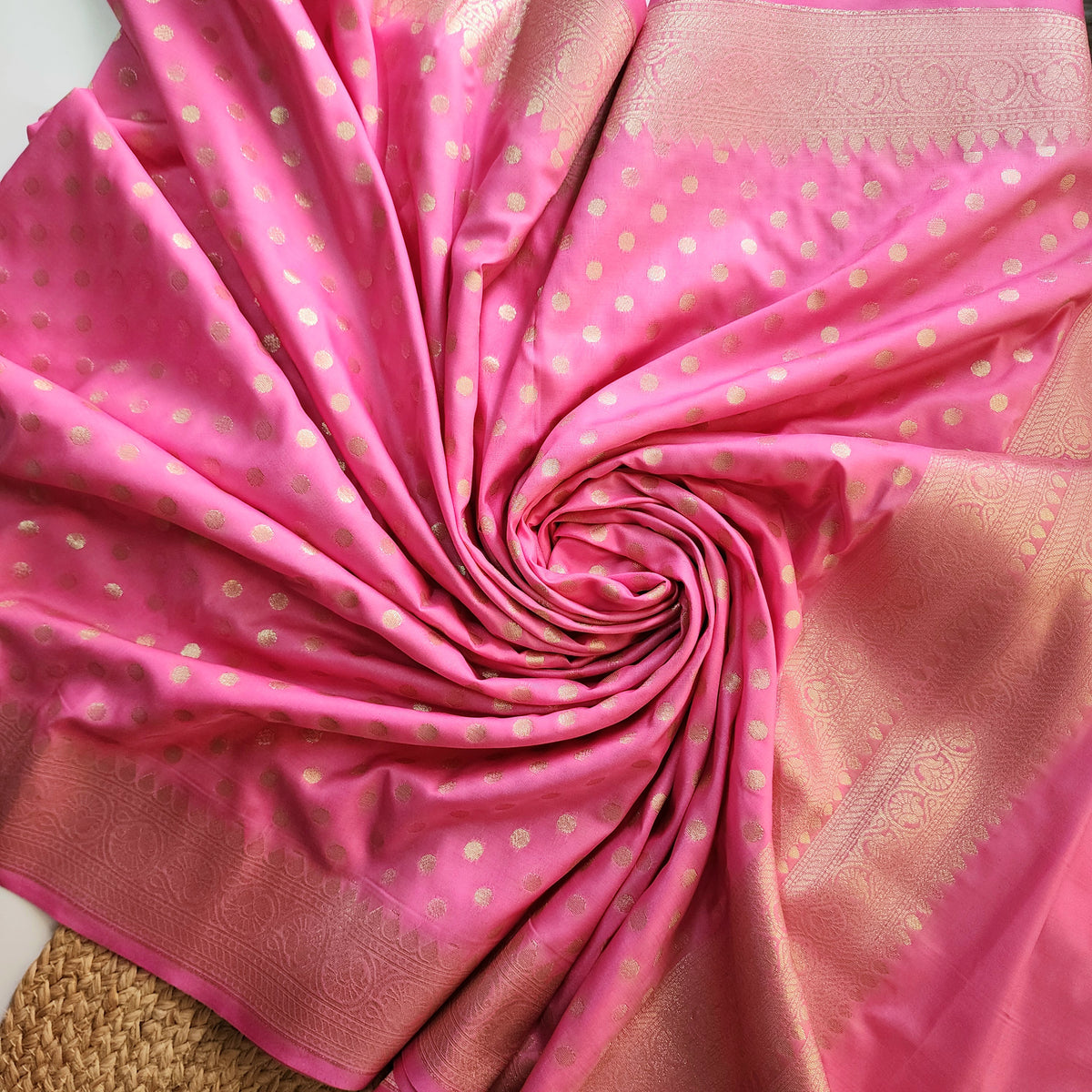 Rani Pink Banarasi Silk Dupatta with Gold Polka Dot