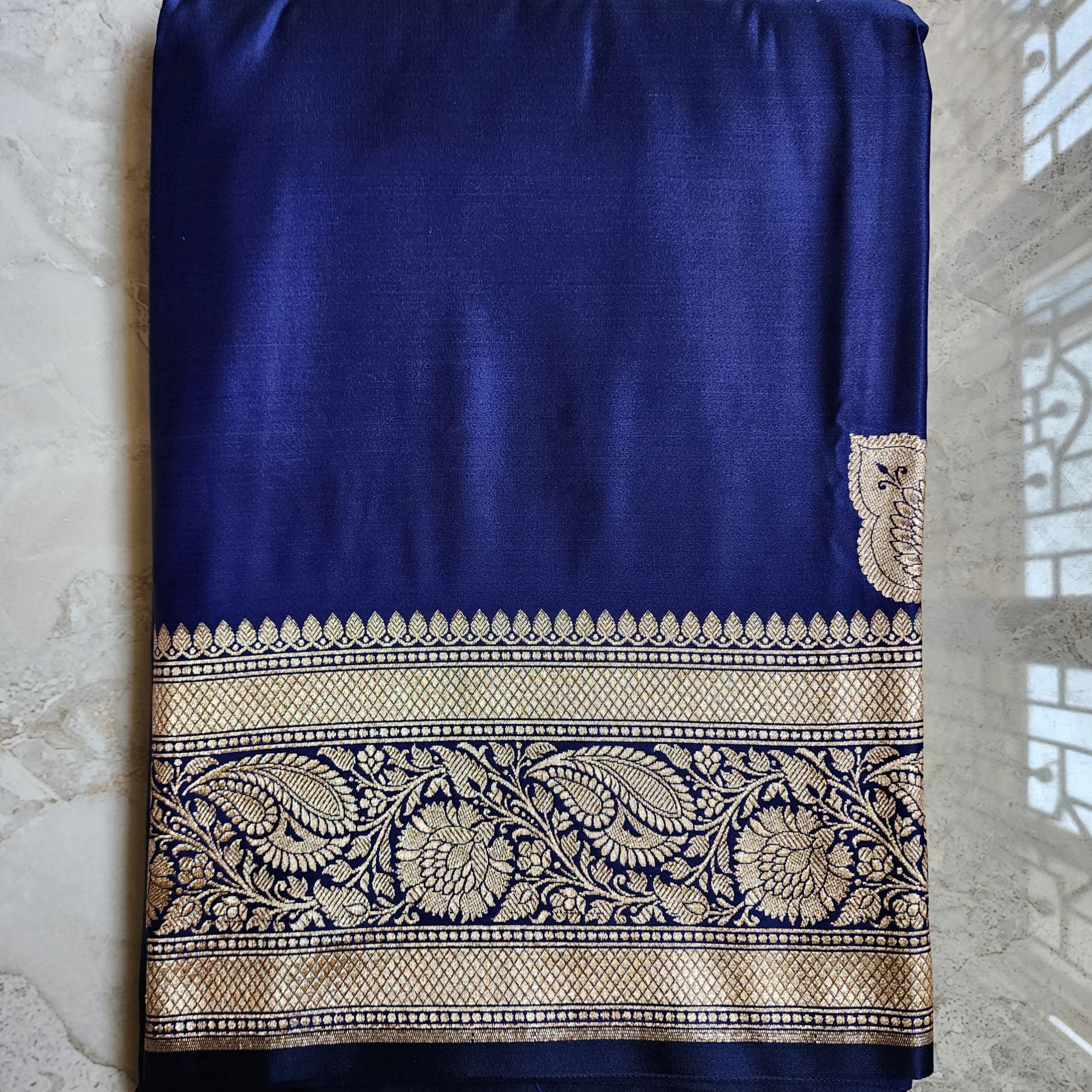 Royal Blue Pure Banarasi Katan Silk Saree with light Gold Zari Weaving