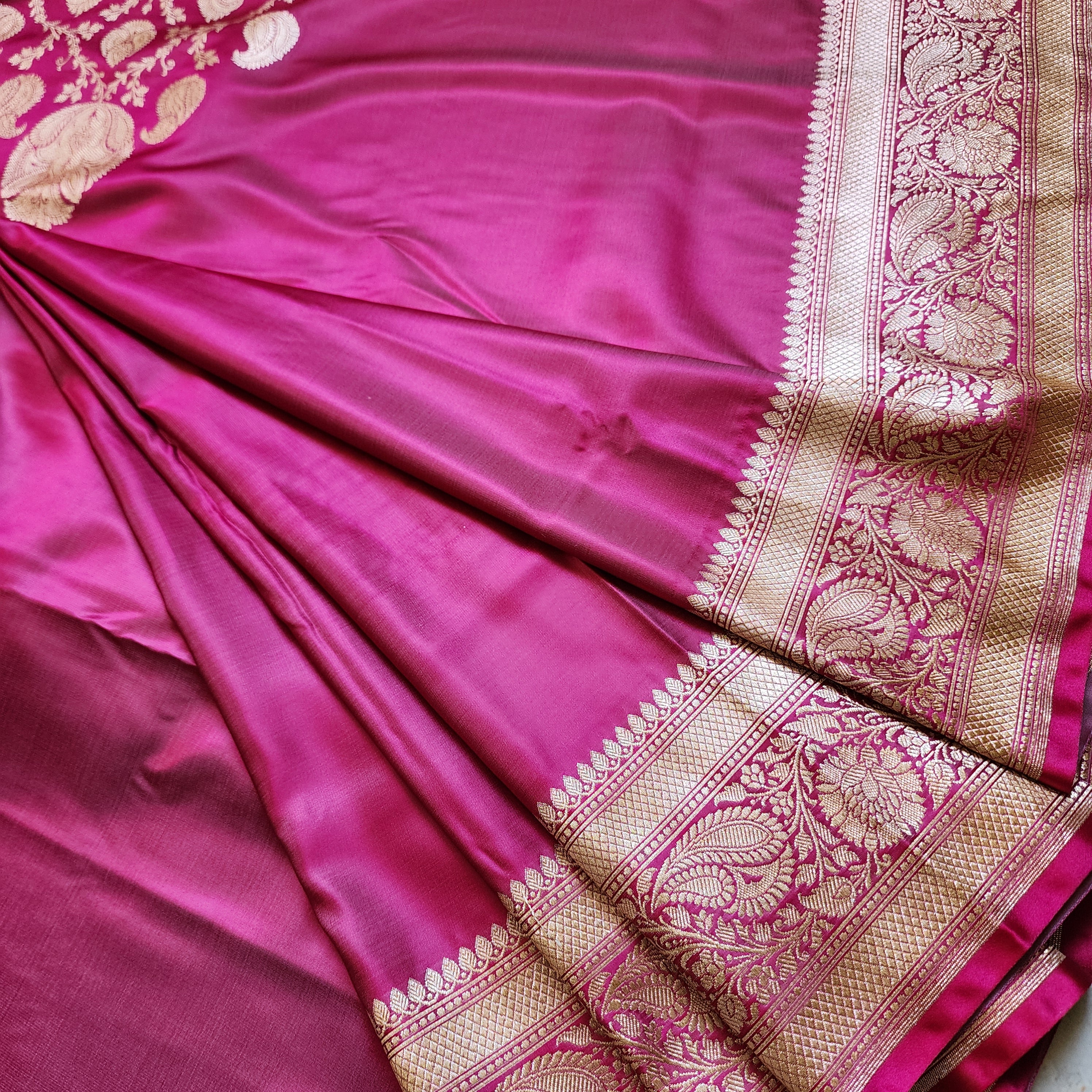 Hot Pink Pure Banarasi Katan Silk Saree with light Gold Zari Weaving