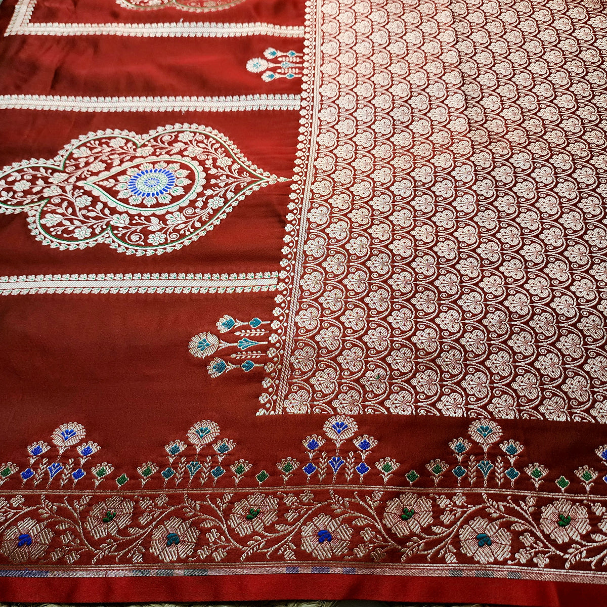 Red Banarasi Katan Silk Saree with Multicolor Meenakari Floral Jaal