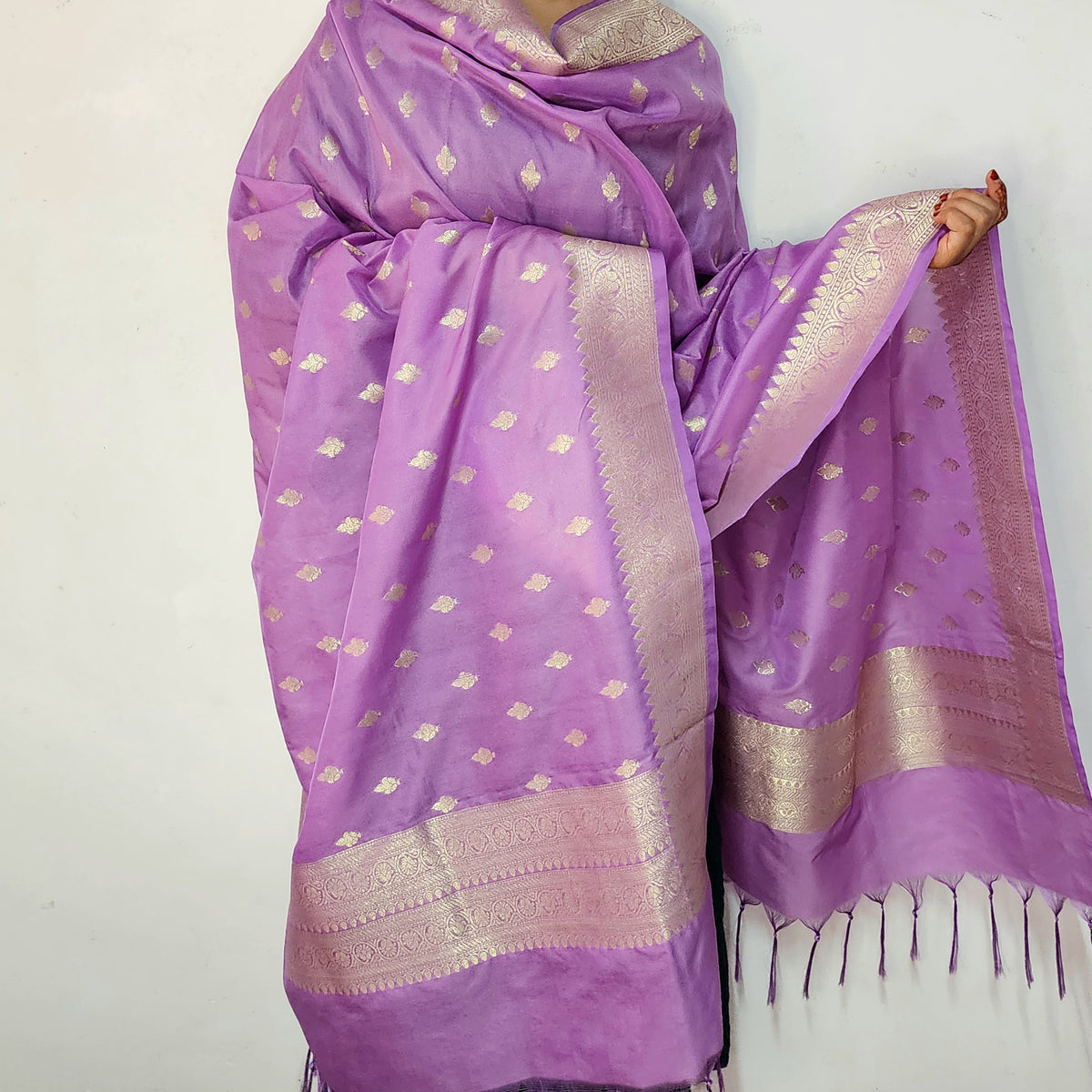 Purple Zari Banarasi Tapetta Silk Leaf Weave Dupatta