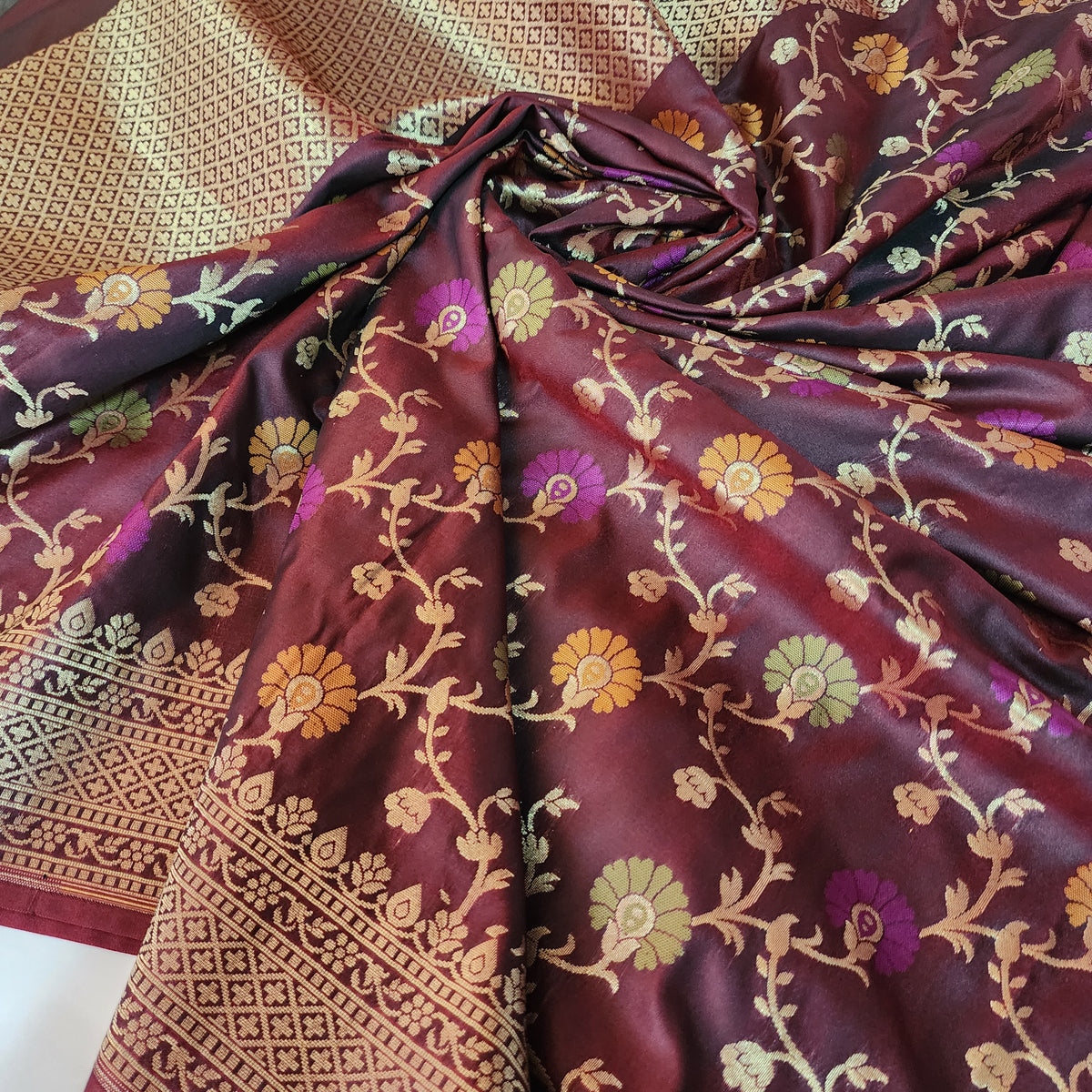 Banarasi Silk Floral Jaal Dupatta - Deep Burgundy