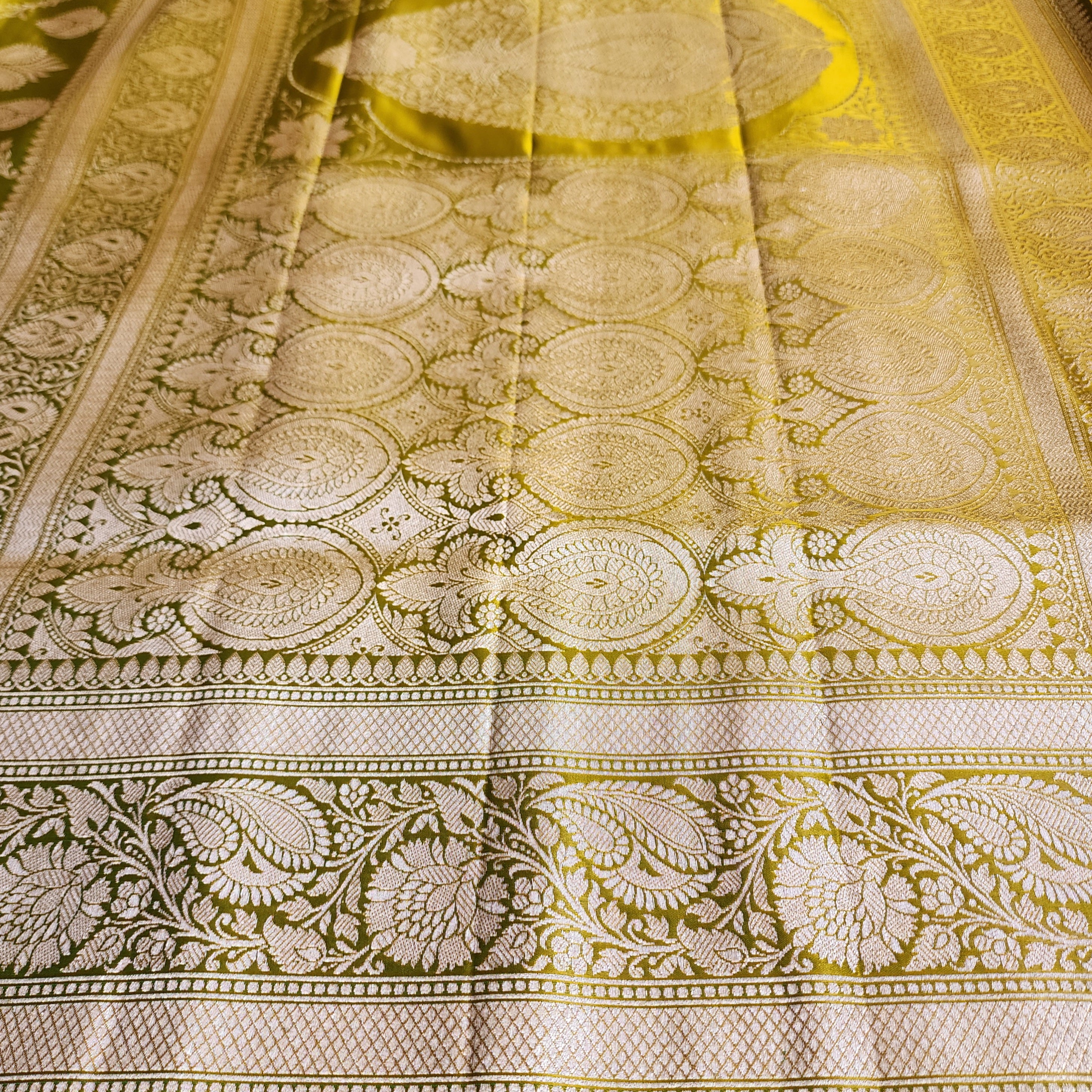 Olive Green Pure Banarasi Katan Silk Saree with light Gold Zari Weaving