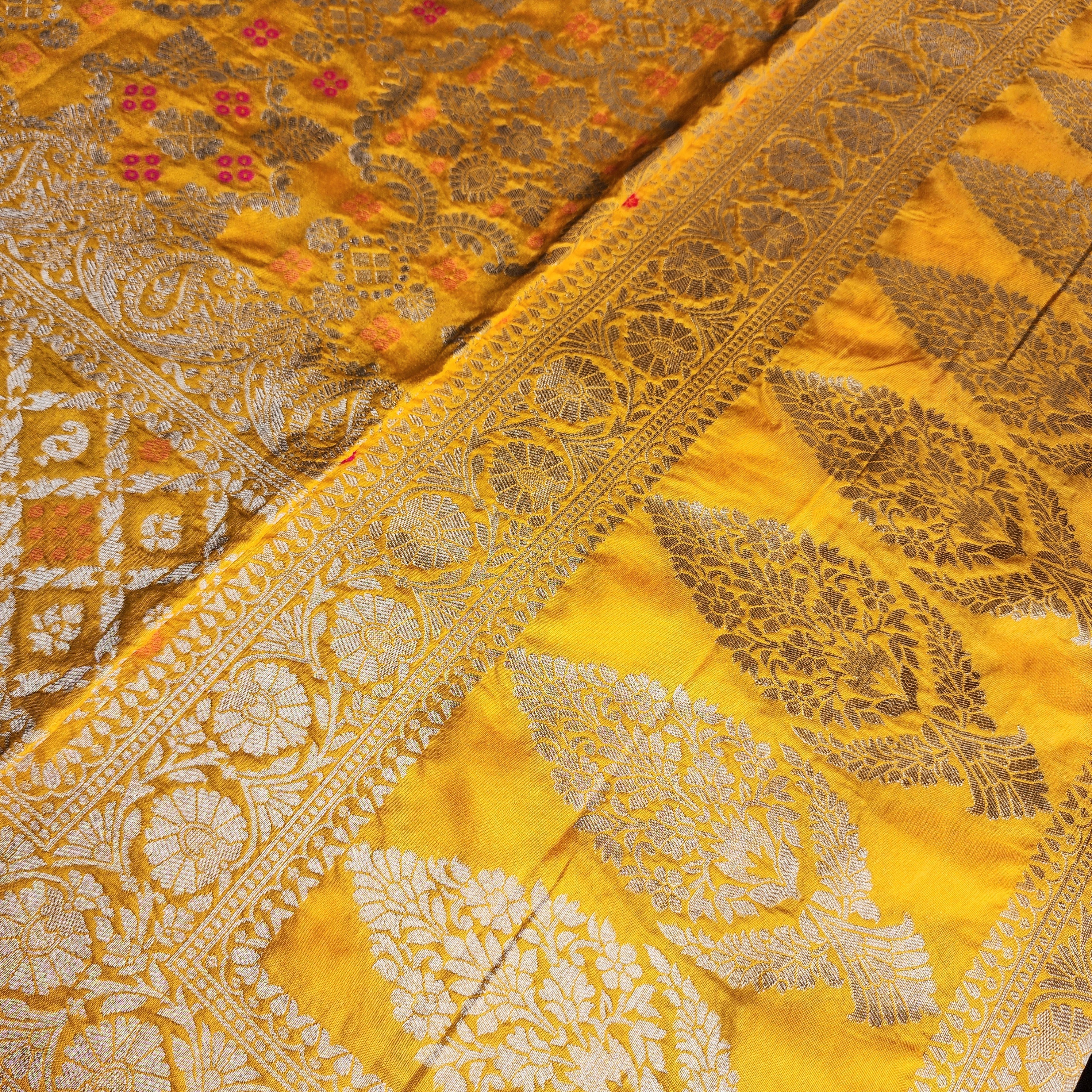Mustard Gold Bandhani Dupatta with Floral and Geometric Zari Weave
