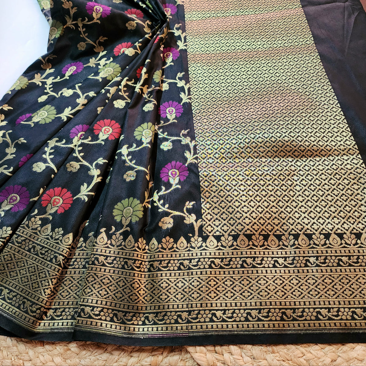 Banarasi Silk Floral Jaal Dupatta - Midnight