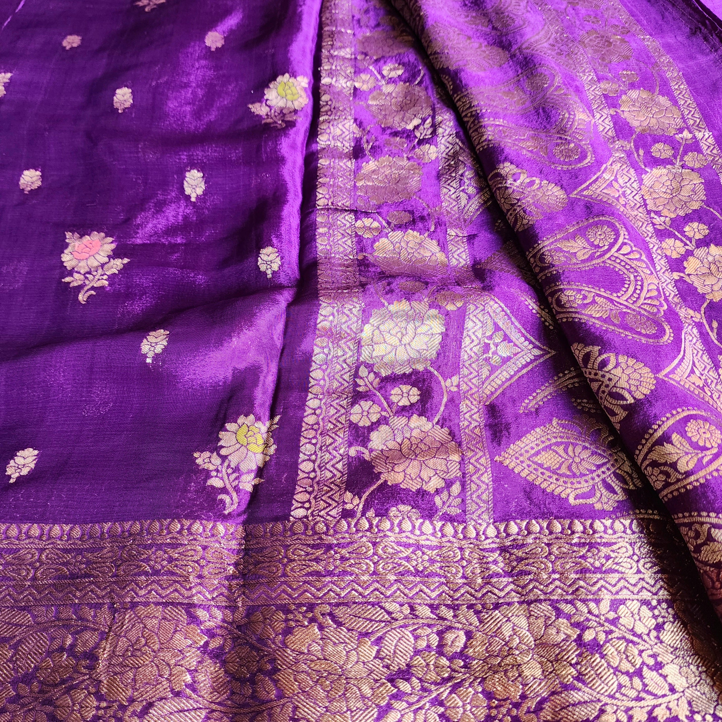 Royal Violet Pure Crepe Silk Saree with Gold Zari Border