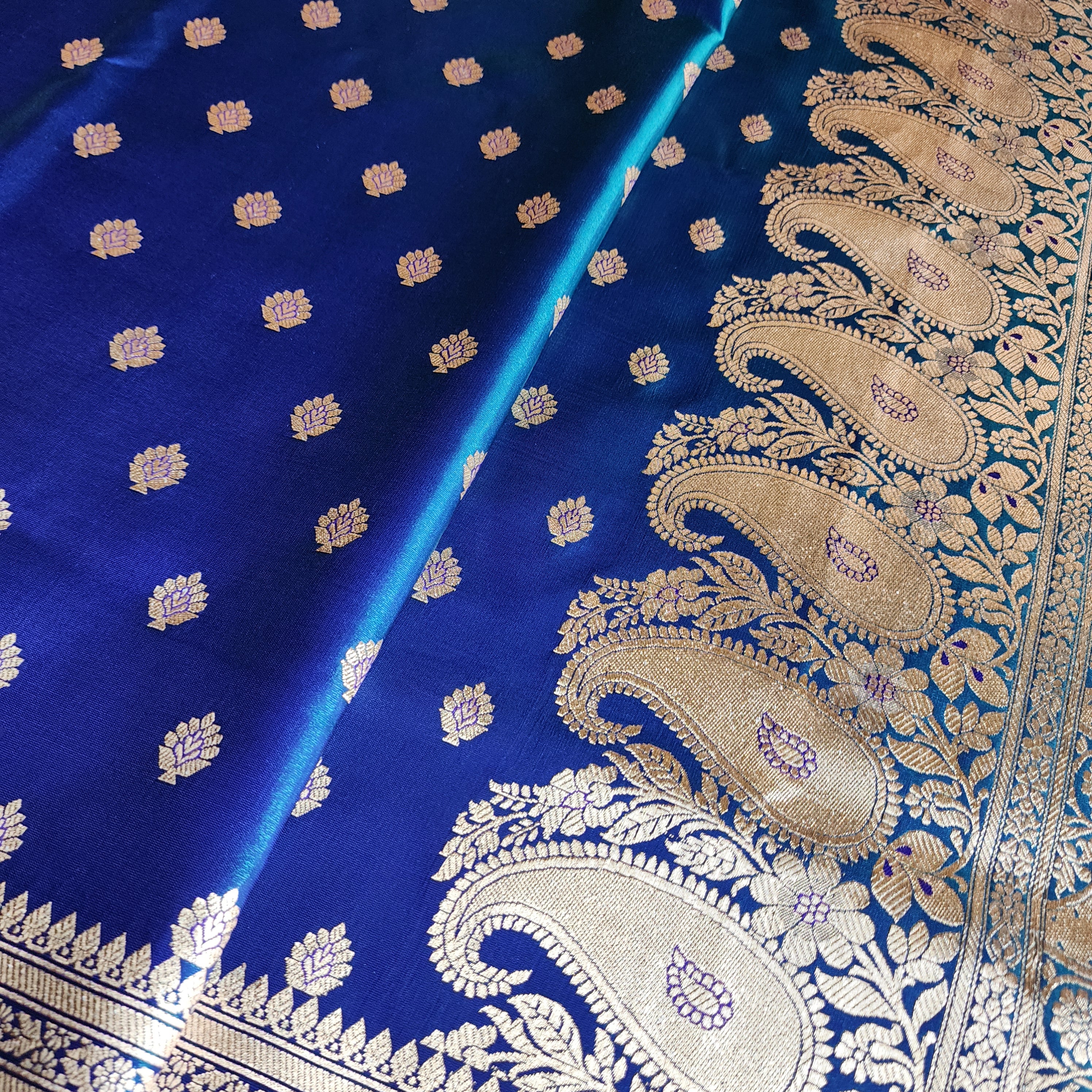 Royal Greenish-Blue Banarasi Silk Saree with Golden Zari Weave