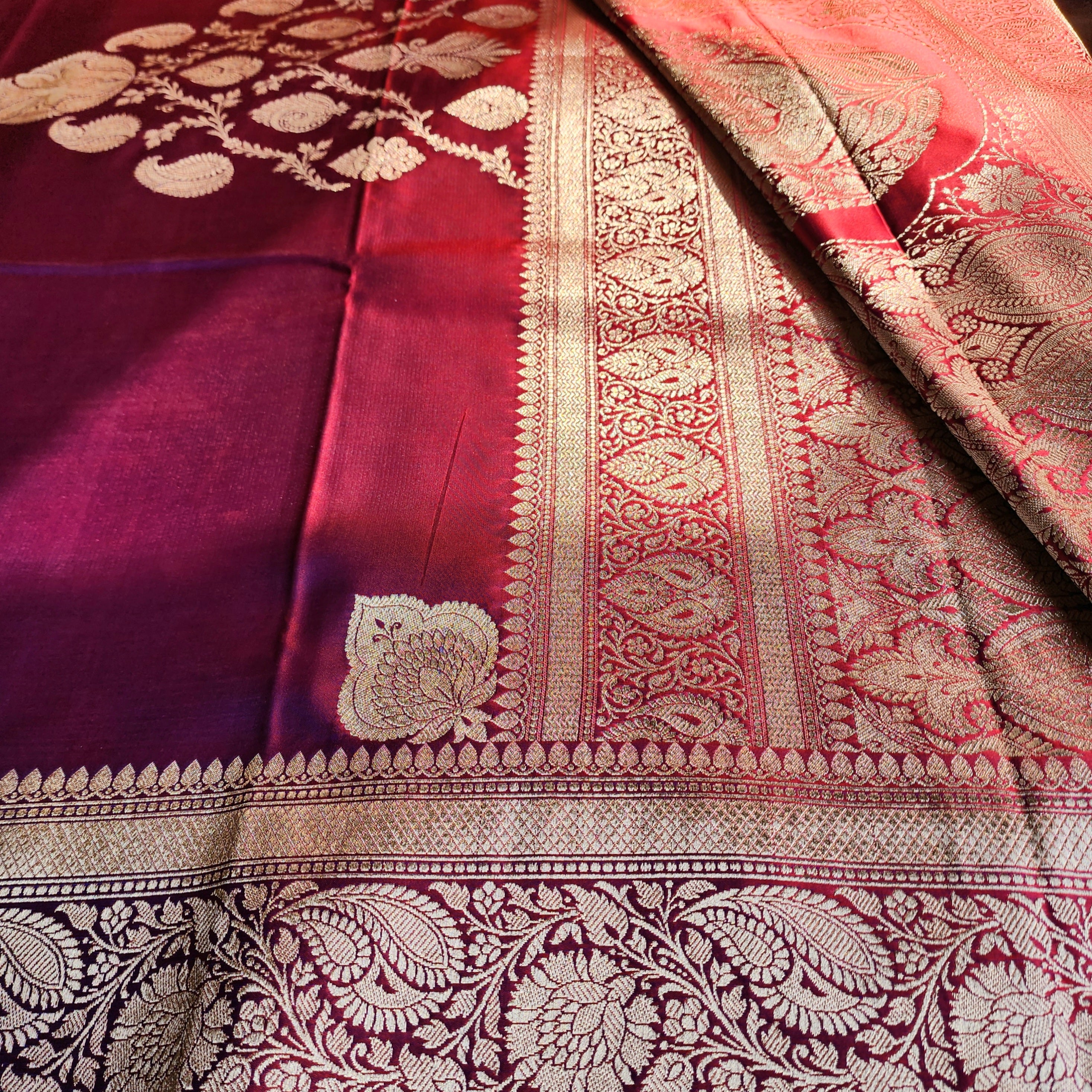 Dhoop Chhaon Raspberry Banarasi Katan Silk Saree