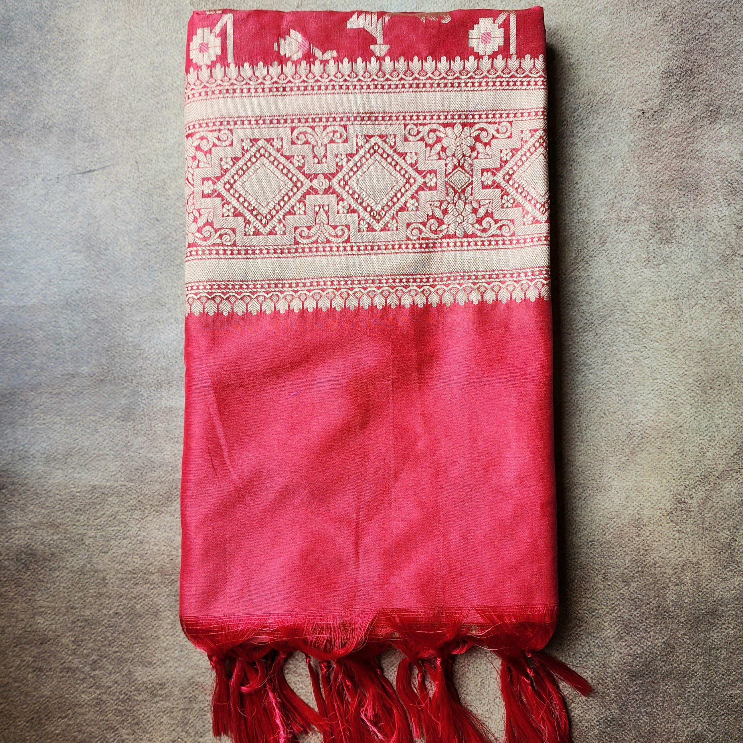 Golden Grid Banarasi Silk Dupatta with Meenakari Work in Brick Red