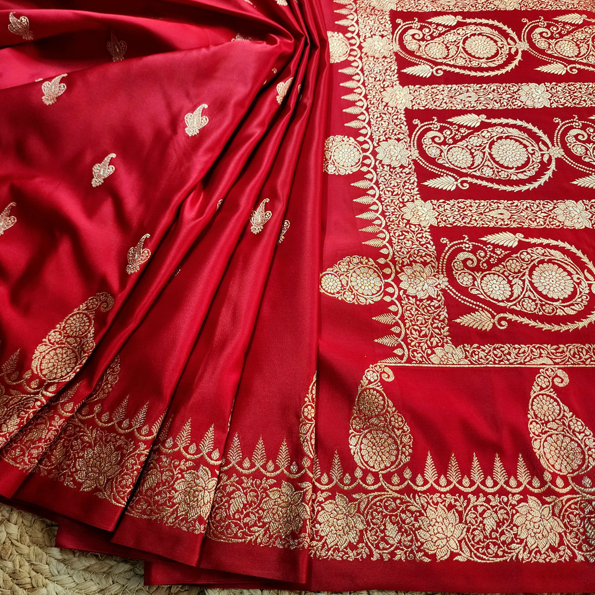 Red Paisley Katan Silk Saree with Gold Zari