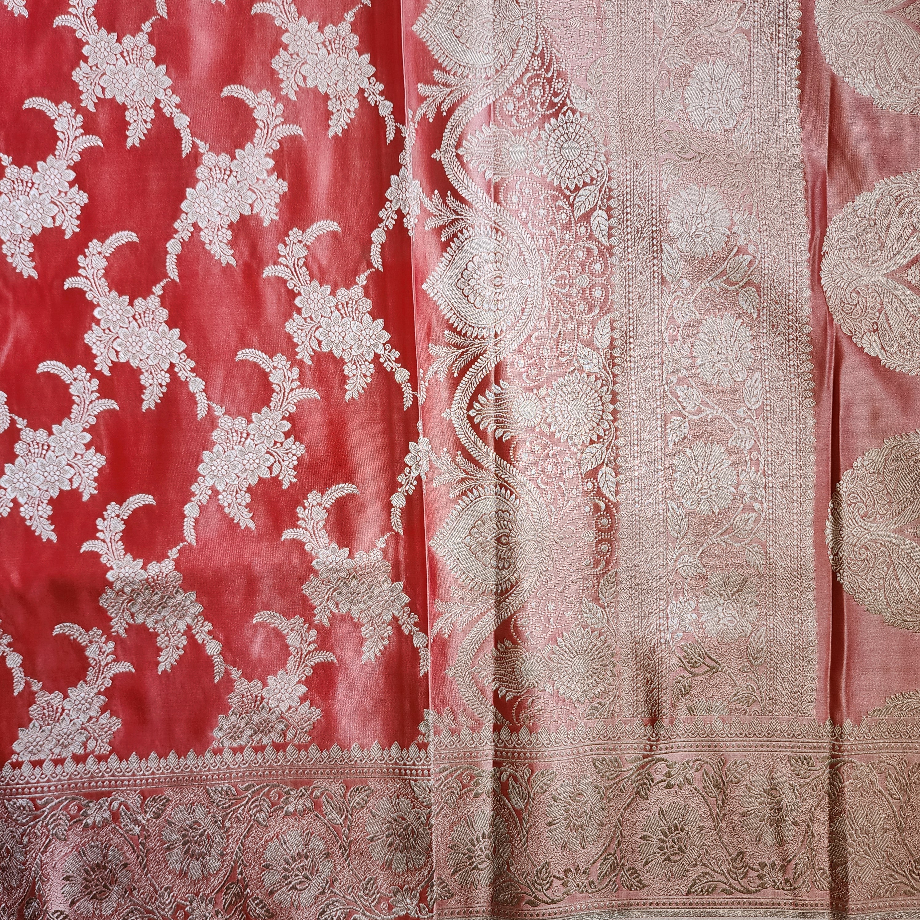 Blush Coral Banarasi Katan Silk Saree with Floral Vine Jaal